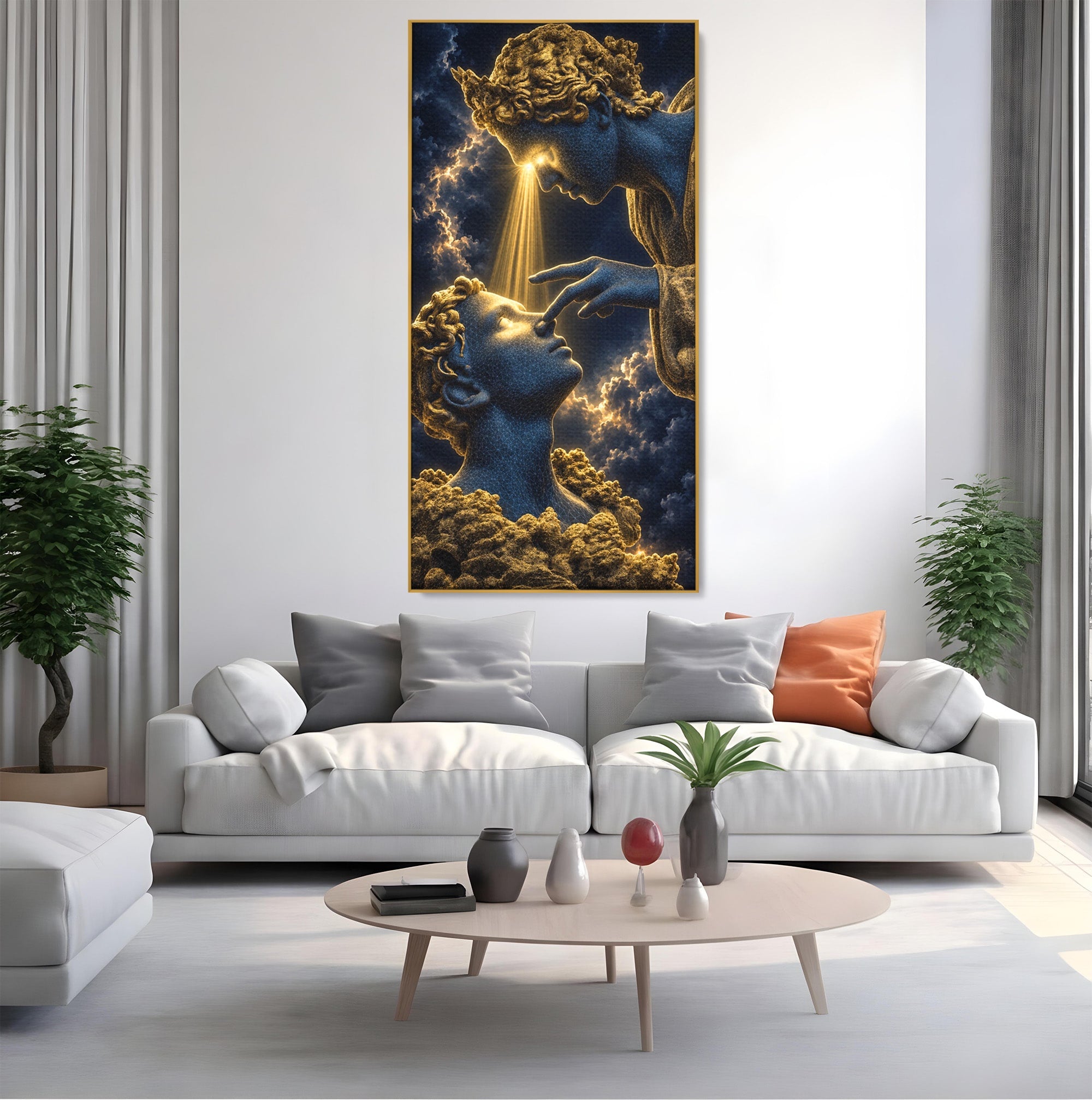 Tablou Canvas Premium LuxCanva® U1115, Atingerea Divina, Sculptura, Arta, Dormitor, Mitologie, Divin, Culori Vibrante