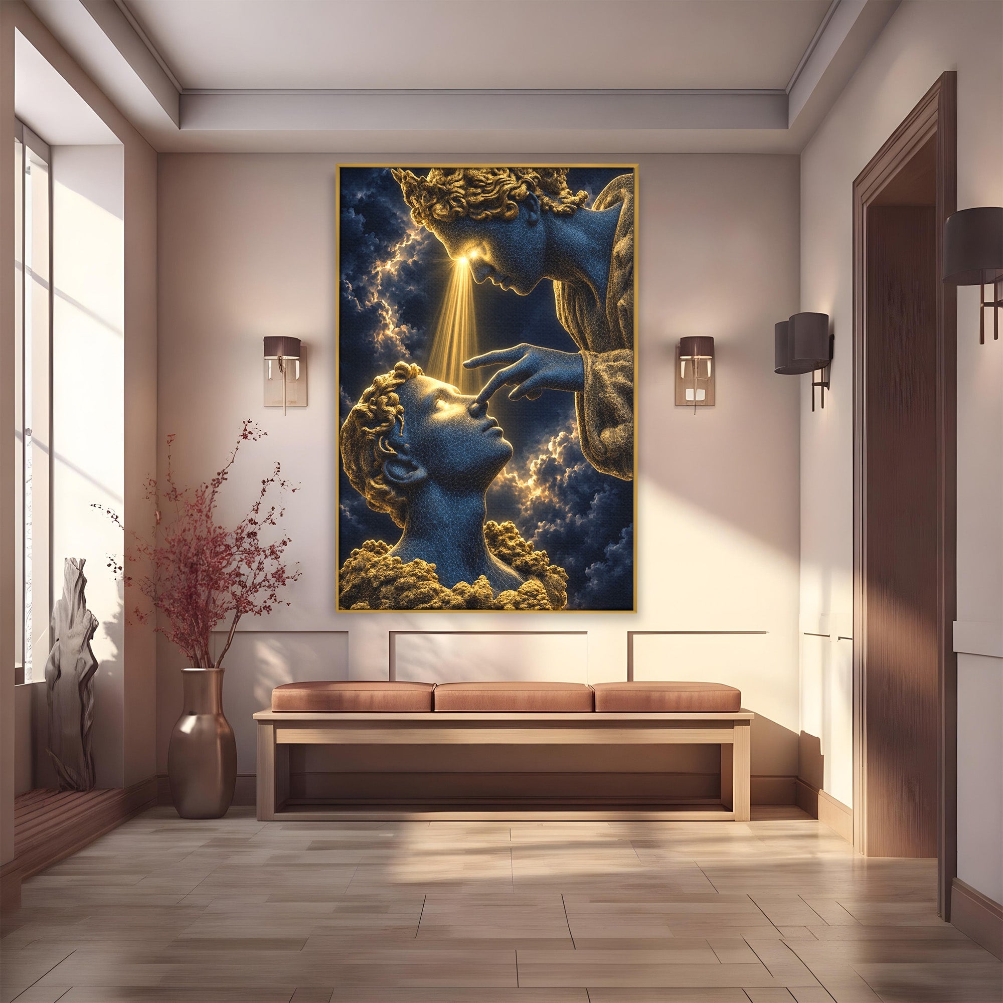 Tablou Canvas Premium LuxCanva® U1115, Atingerea Divina, Sculptura, Arta, Dormitor, Mitologie, Divin, Culori Vibrante