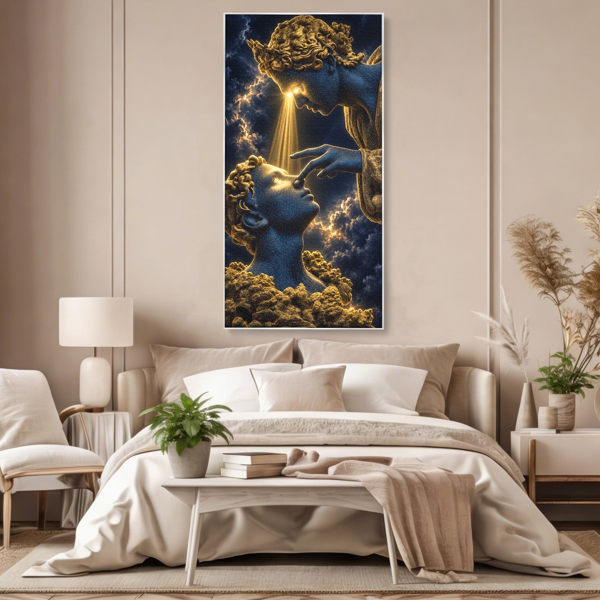 Tablou Canvas Premium LuxCanva® U1115, Atingerea Divina, Sculptura, Arta, Dormitor, Mitologie, Divin, Culori Vibrante