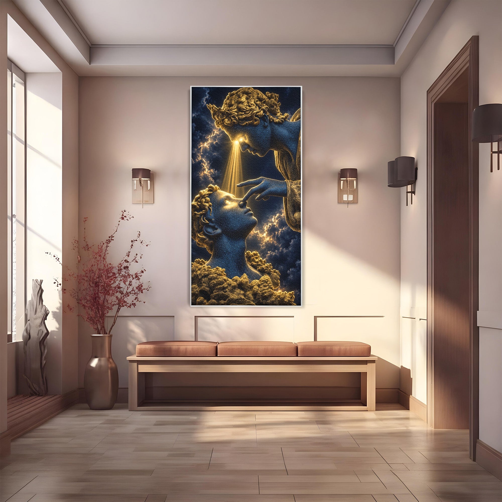Tablou Canvas Premium LuxCanva® U1115, Atingerea Divina, Sculptura, Arta, Dormitor, Mitologie, Divin, Culori Vibrante
