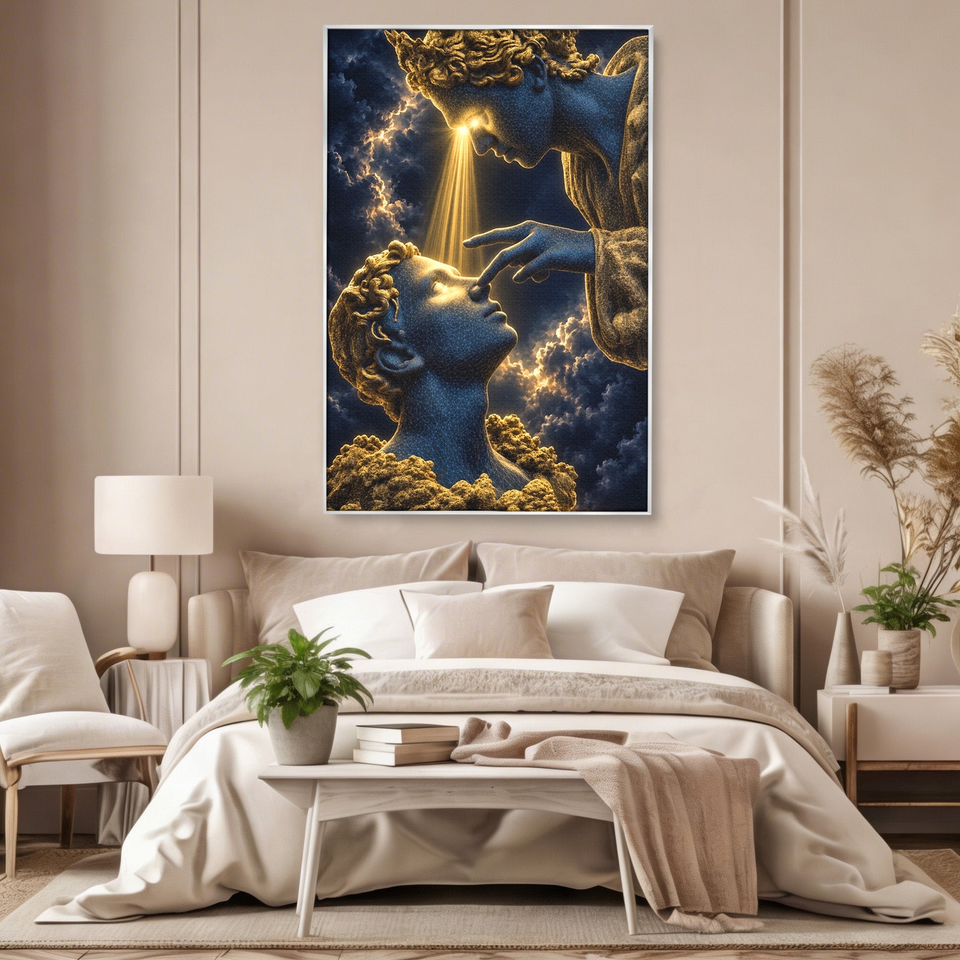 Tablou Canvas Premium LuxCanva® U1115, Atingerea Divina, Sculptura, Arta, Dormitor, Mitologie, Divin, Culori Vibrante