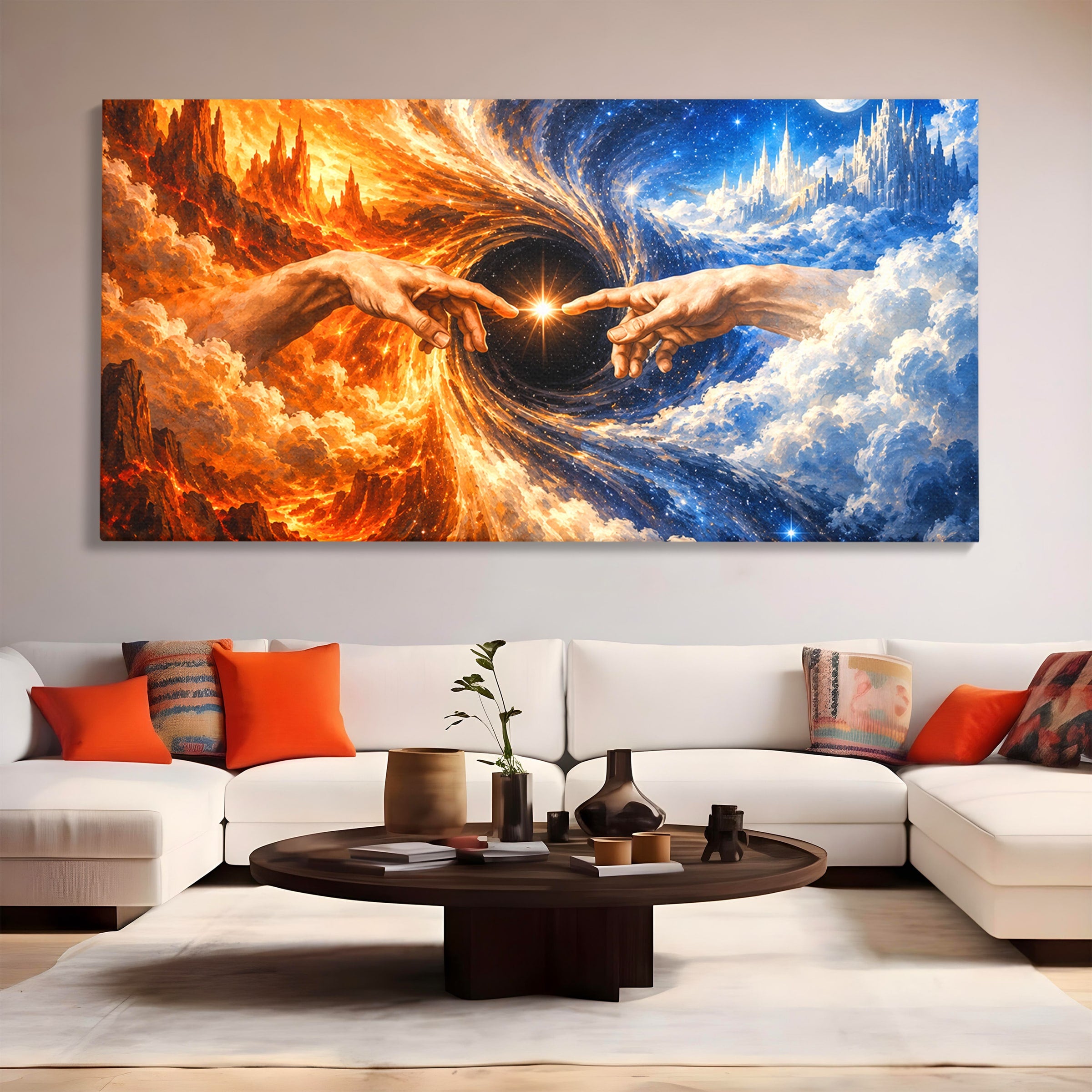 Tablou Canvas Premium LuxCanva® U1116, Creatia Universului,  Maini, Cer, Arta, Mistic, Univers, Dormitor, Culori Vibrante