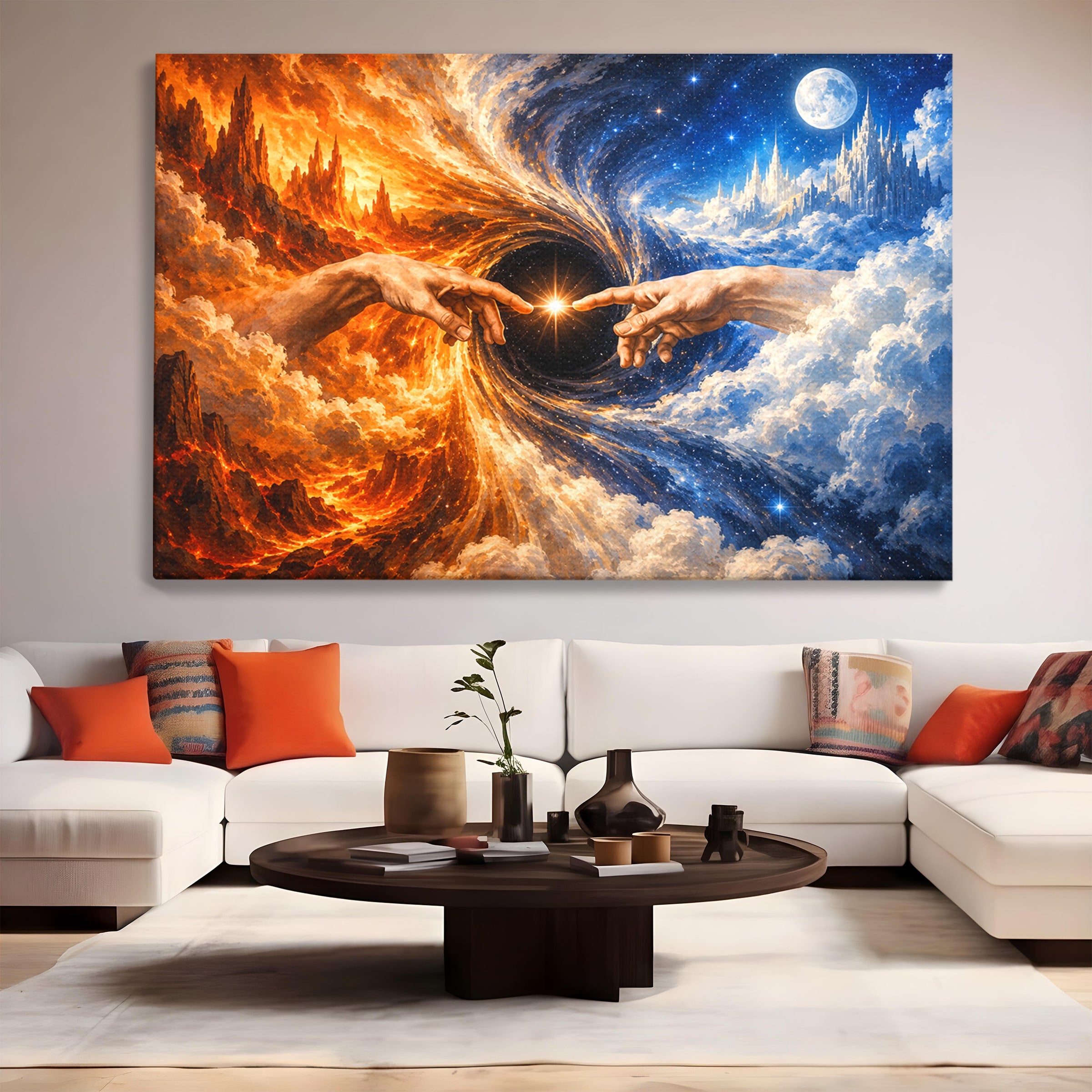 Tablou Canvas Premium LuxCanva® U1116, Creatia Universului,  Maini, Cer, Arta, Mistic, Univers, Dormitor, Culori Vibrante