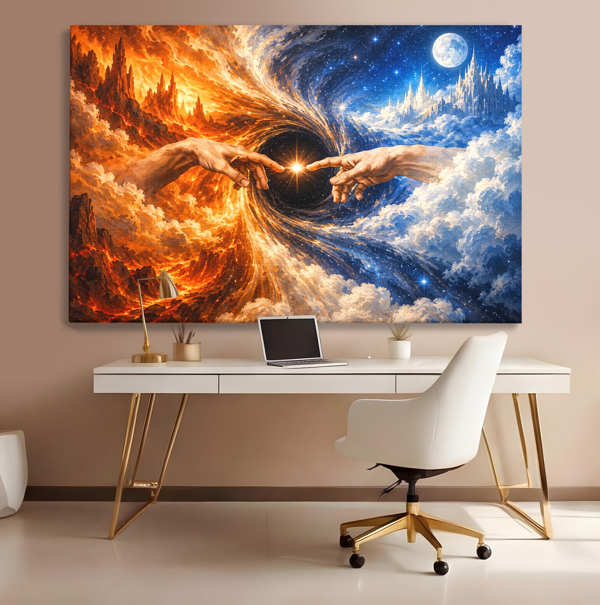 Tablou Canvas Premium LuxCanva® U1116, Creatia Universului,  Maini, Cer, Arta, Mistic, Univers, Dormitor, Culori Vibrante