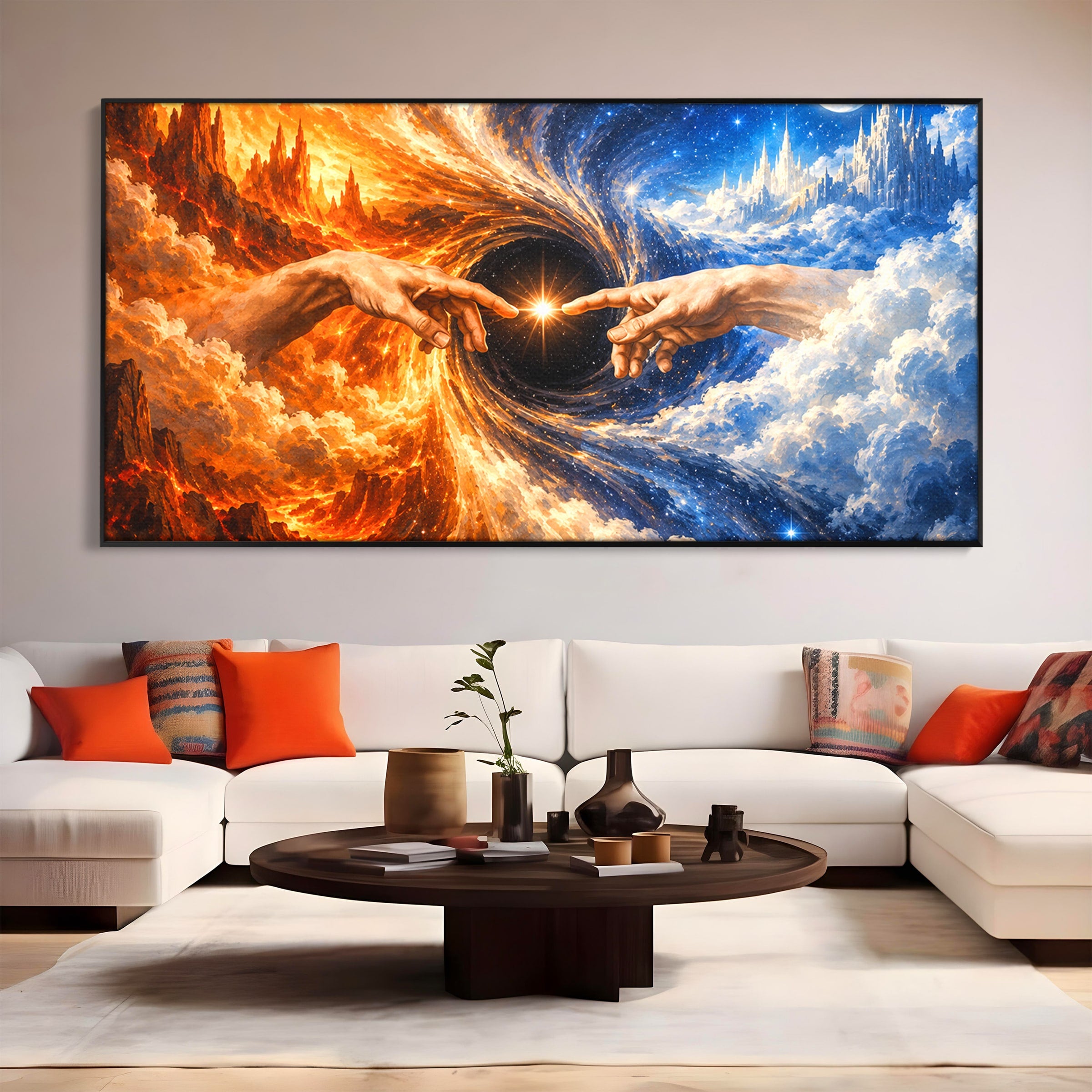 Tablou Canvas Premium LuxCanva® U1116, Creatia Universului,  Maini, Cer, Arta, Mistic, Univers, Dormitor, Culori Vibrante