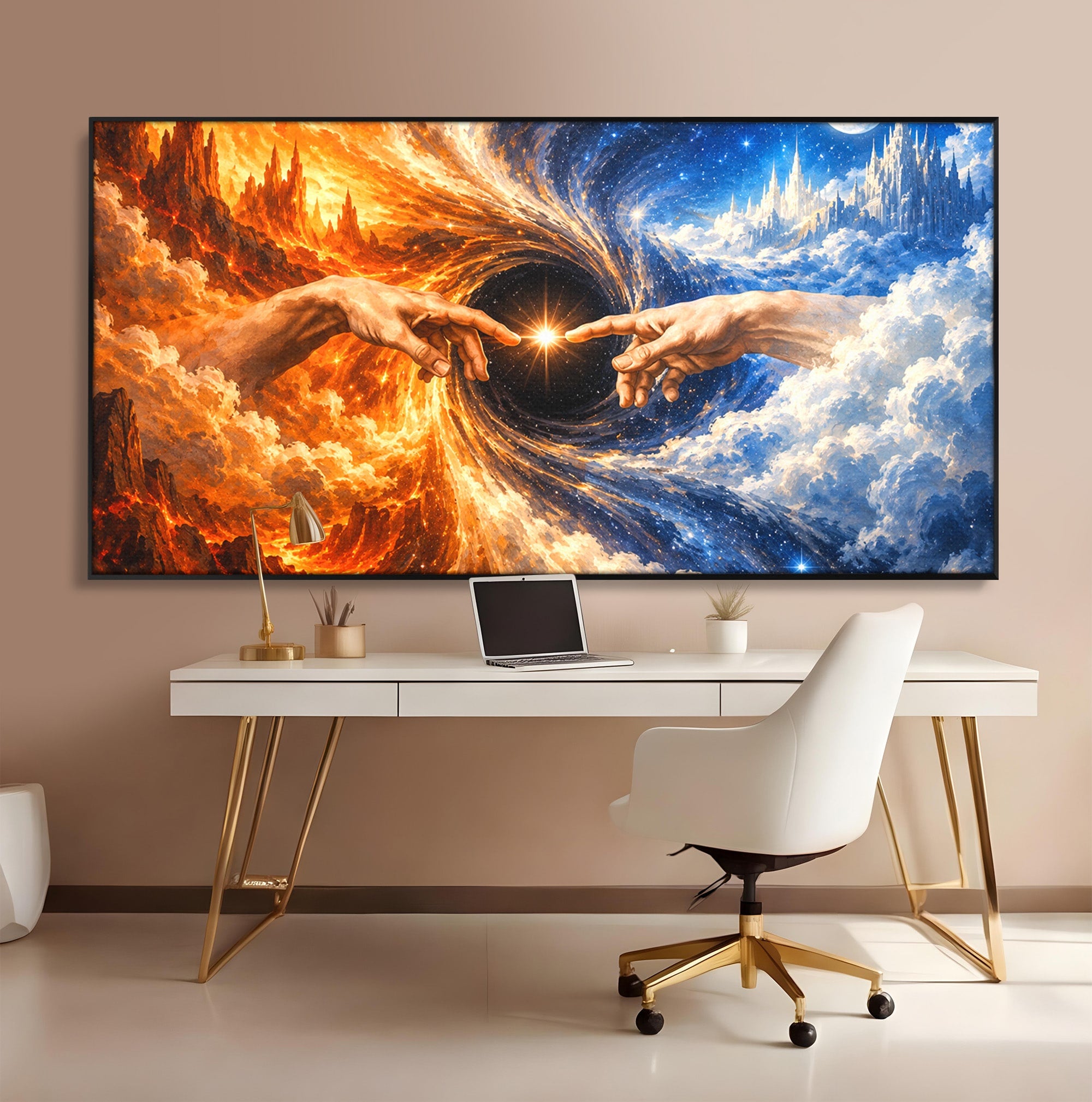 Tablou Canvas Premium LuxCanva® U1116, Creatia Universului,  Maini, Cer, Arta, Mistic, Univers, Dormitor, Culori Vibrante