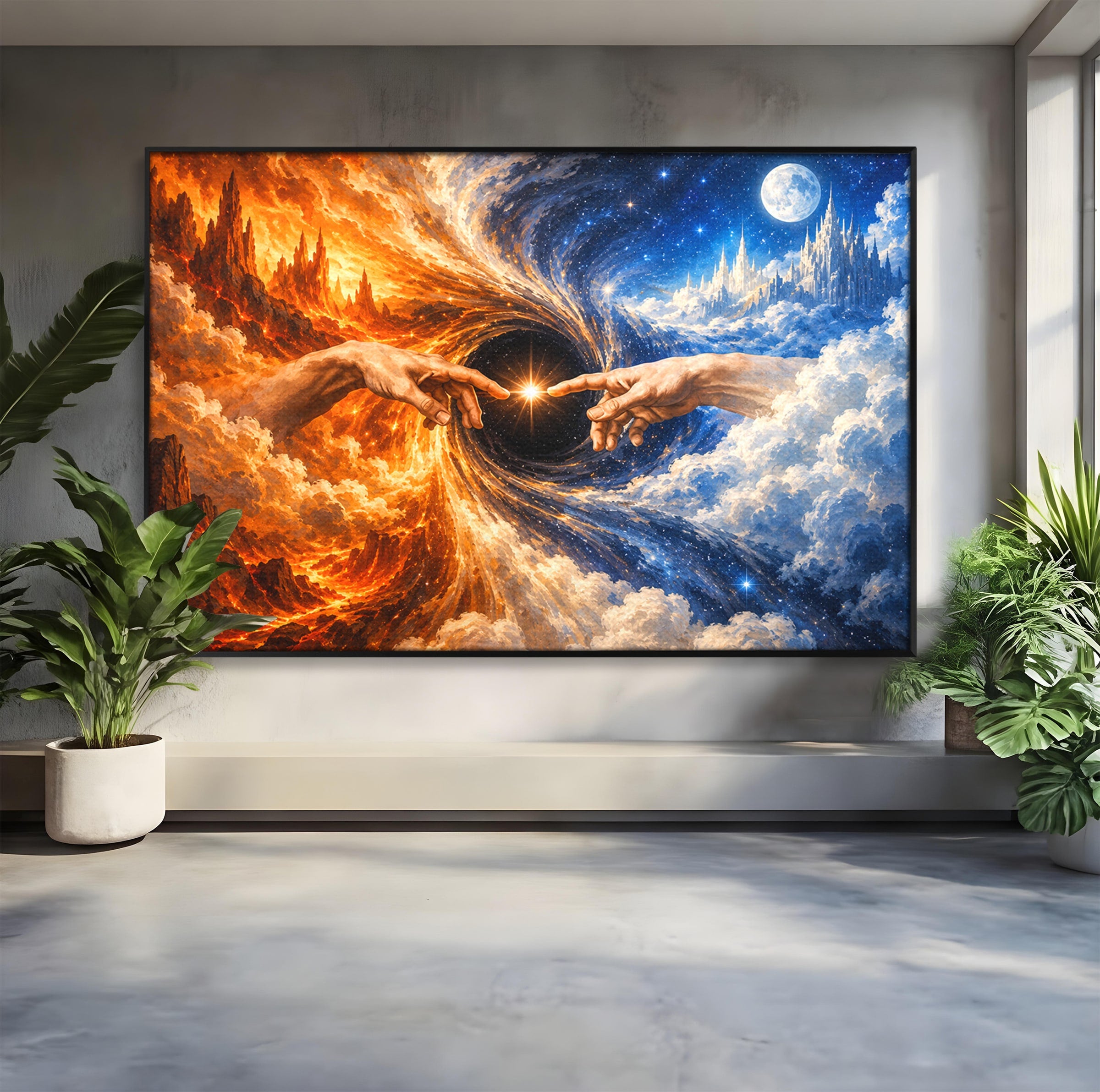 Tablou Canvas Premium LuxCanva® U1116, Creatia Universului,  Maini, Cer, Arta, Mistic, Univers, Dormitor, Culori Vibrante