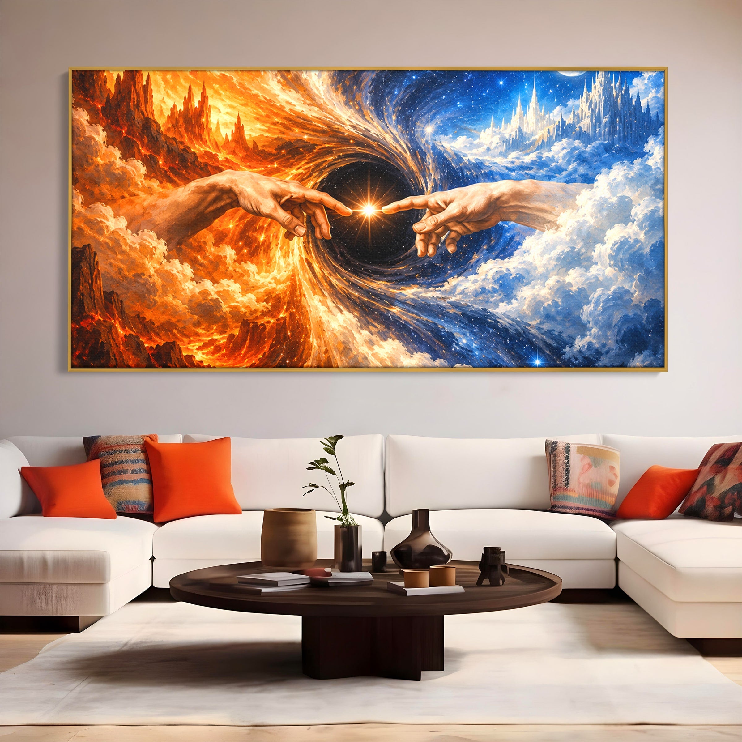 Tablou Canvas Premium LuxCanva® U1116, Creatia Universului,  Maini, Cer, Arta, Mistic, Univers, Dormitor, Culori Vibrante