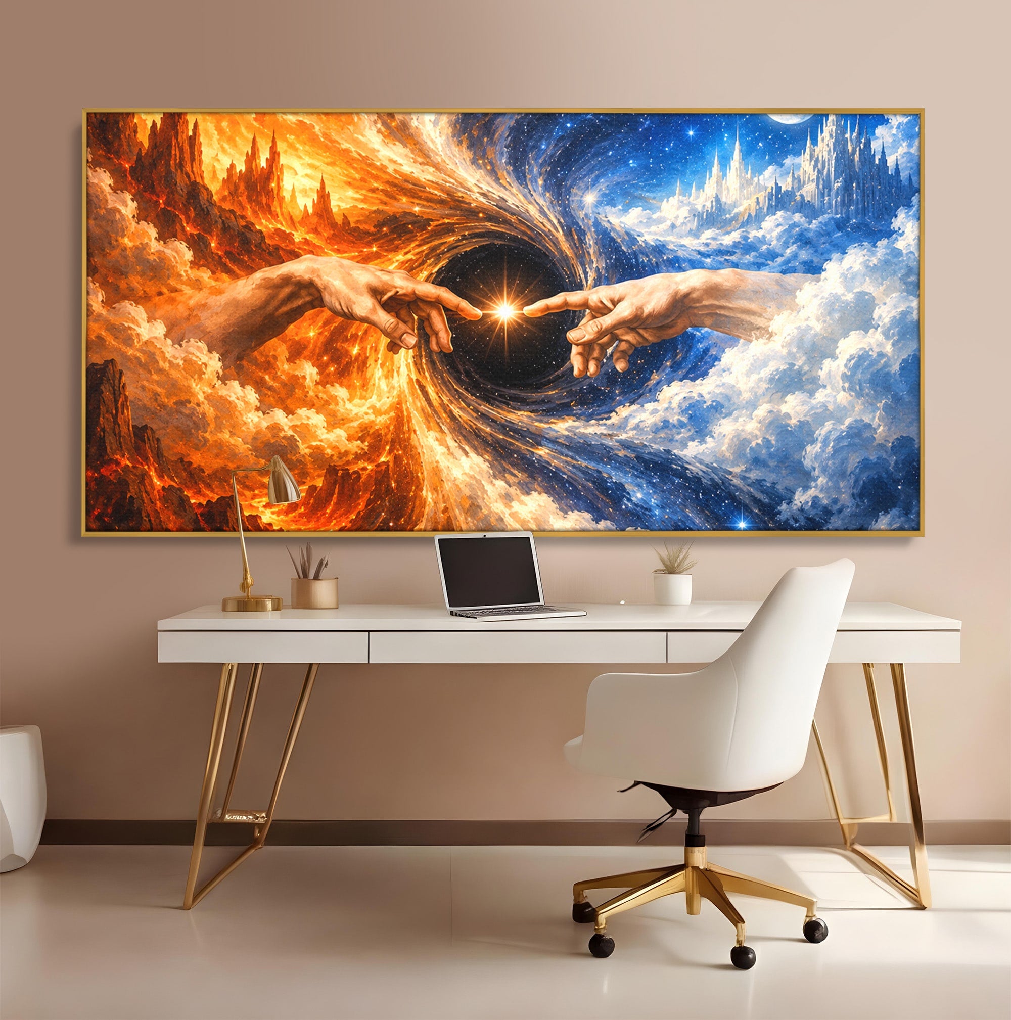 Tablou Canvas Premium LuxCanva® U1116, Creatia Universului,  Maini, Cer, Arta, Mistic, Univers, Dormitor, Culori Vibrante