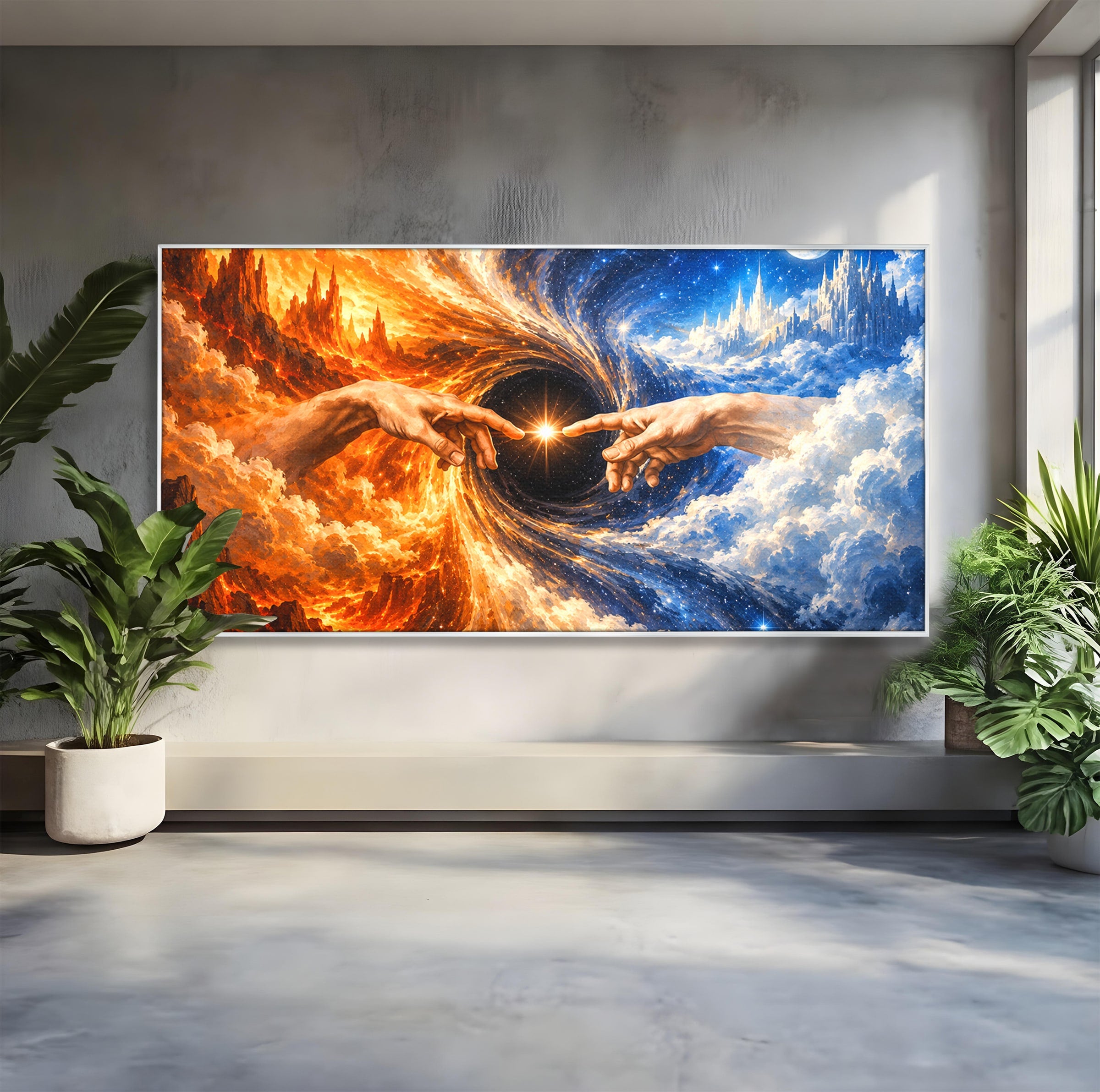 Tablou Canvas Premium LuxCanva® U1116, Creatia Universului,  Maini, Cer, Arta, Mistic, Univers, Dormitor, Culori Vibrante