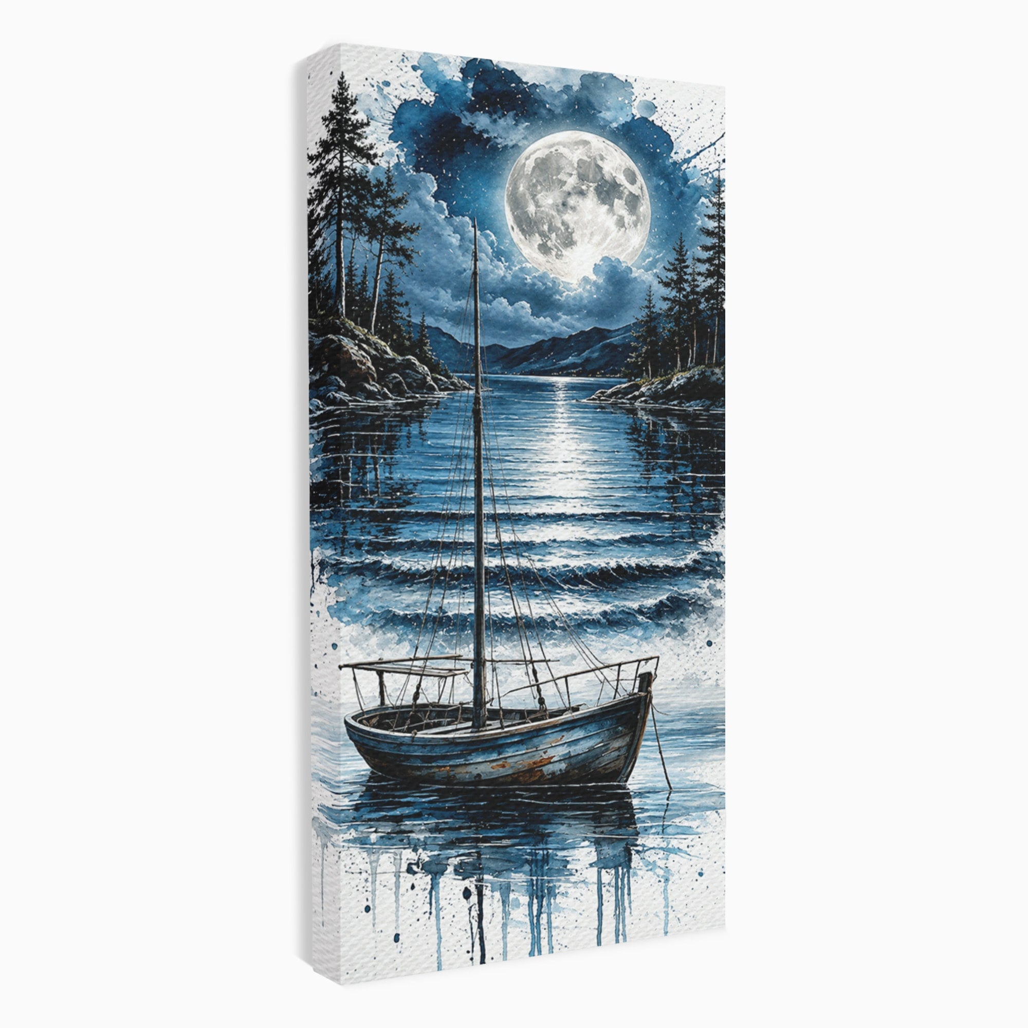 Tablou Canvas Premium LuxCanva® U1117, Luna Reflectata Pe Lac, Peisaj, Luna, Barca, Noapte, Lac, Living, Dormitor, Culori Vibrante