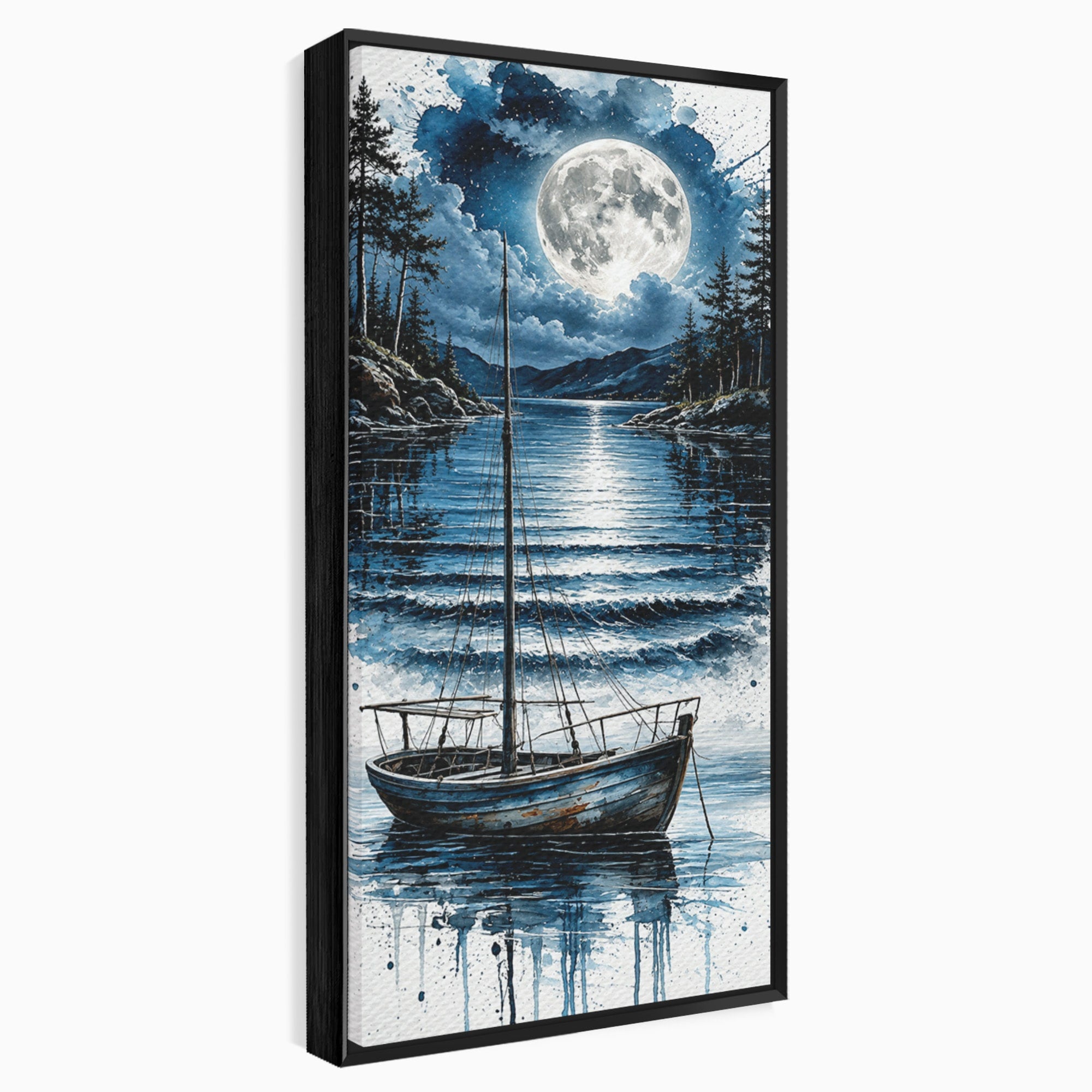 Tablou Canvas Premium LuxCanva® U1117, Luna Reflectata Pe Lac, Peisaj, Luna, Barca, Noapte, Lac, Living, Dormitor, Culori Vibrante
