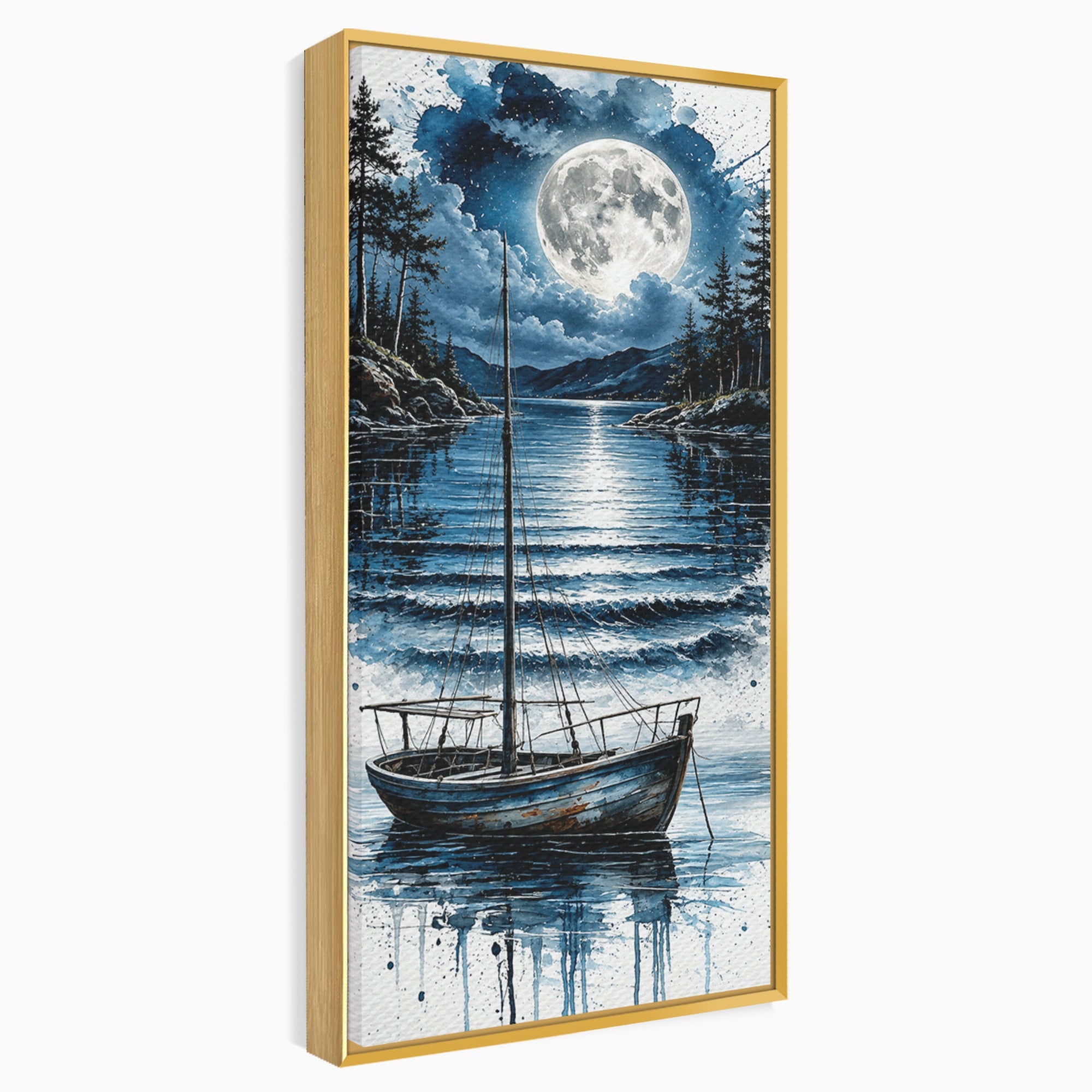 Tablou Canvas Premium LuxCanva® U1117, Luna Reflectata Pe Lac, Peisaj, Luna, Barca, Noapte, Lac, Living, Dormitor, Culori Vibrante