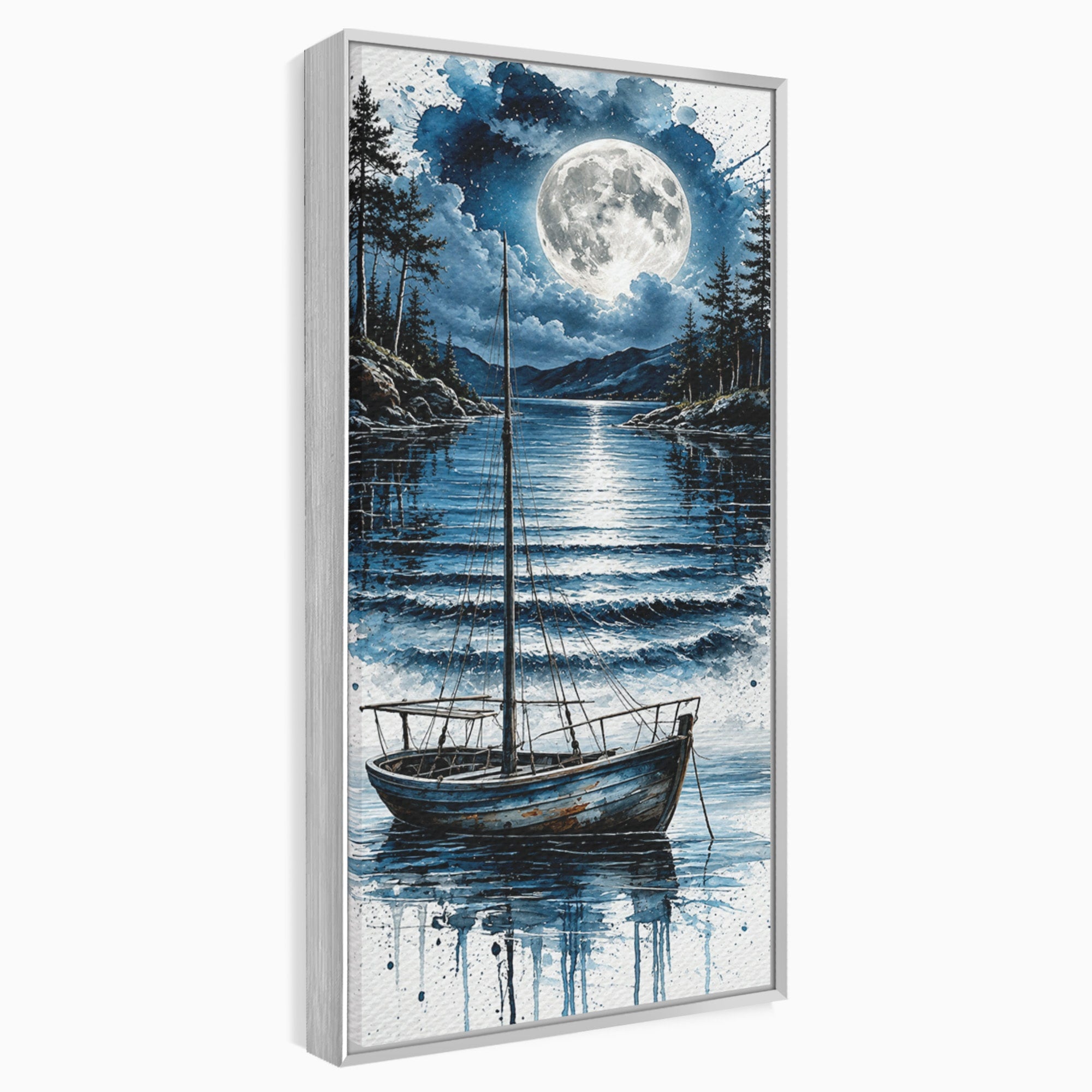 Tablou Canvas Premium LuxCanva® U1117, Luna Reflectata Pe Lac, Peisaj, Luna, Barca, Noapte, Lac, Living, Dormitor, Culori Vibrante