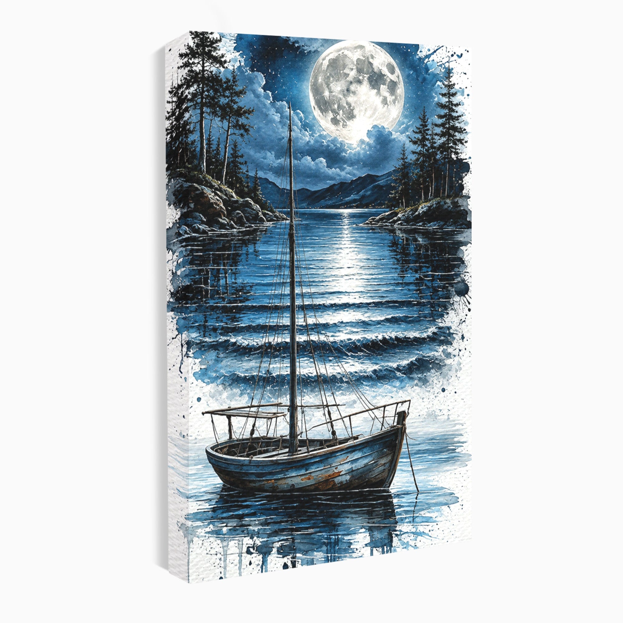 Tablou Canvas Premium LuxCanva® U1117, Luna Reflectata Pe Lac, Peisaj, Luna, Barca, Noapte, Lac, Living, Dormitor, Culori Vibrante