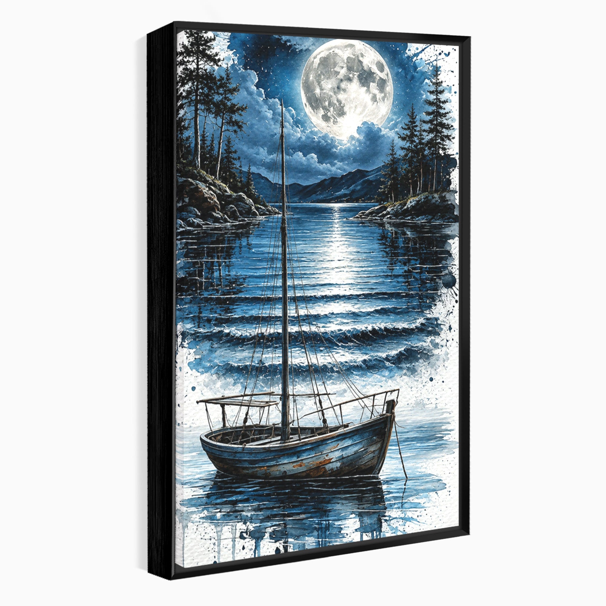 Tablou Canvas Premium LuxCanva® U1117, Luna Reflectata Pe Lac, Peisaj, Luna, Barca, Noapte, Lac, Living, Dormitor, Culori Vibrante