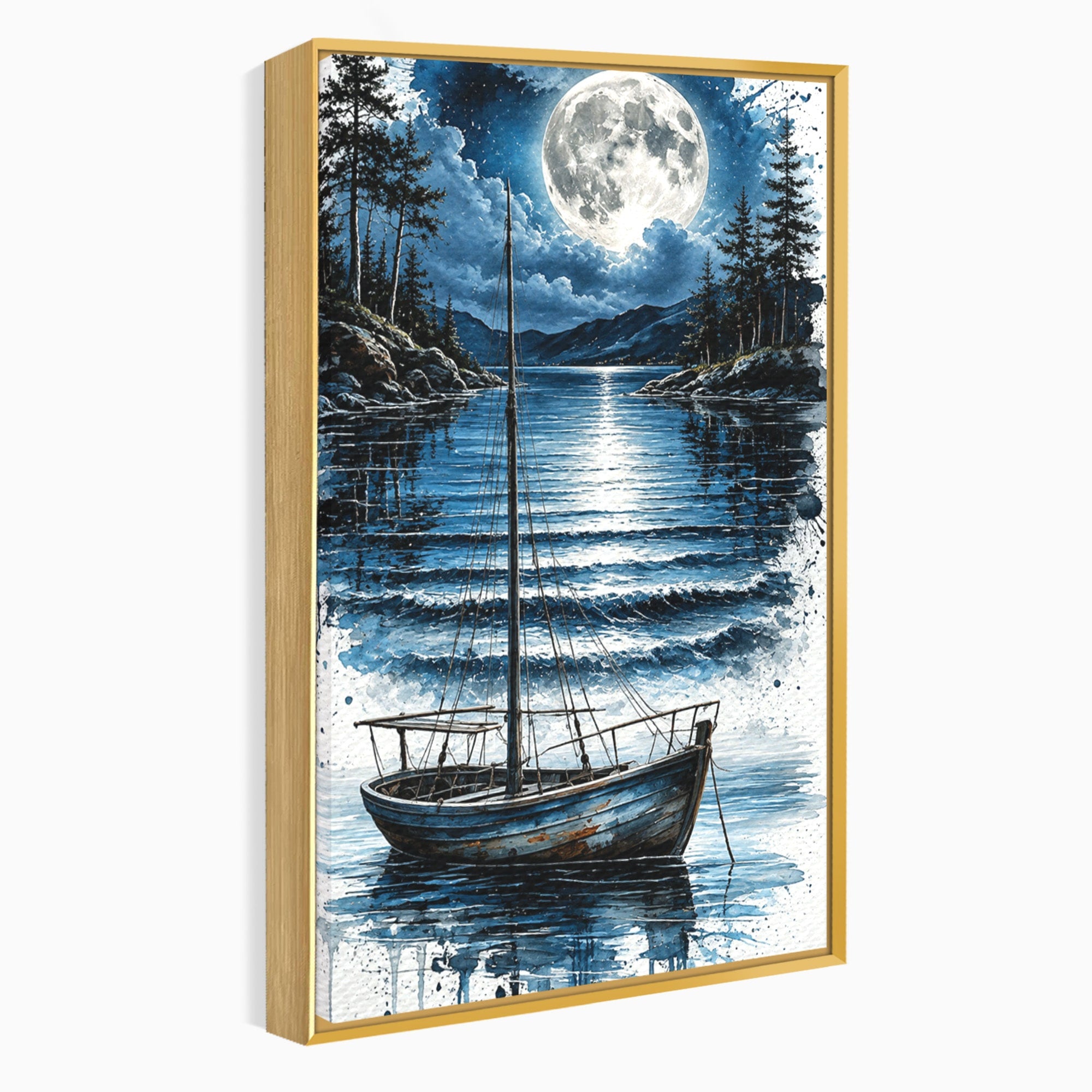 Tablou Canvas Premium LuxCanva® U1117, Luna Reflectata Pe Lac, Peisaj, Luna, Barca, Noapte, Lac, Living, Dormitor, Culori Vibrante