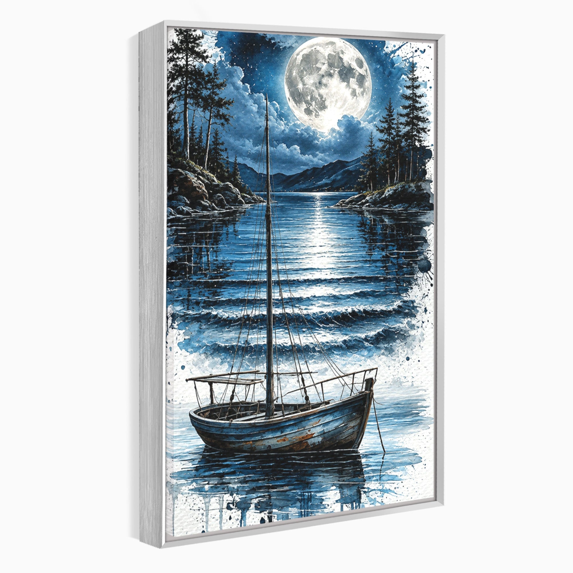Tablou Canvas Premium LuxCanva® U1117, Luna Reflectata Pe Lac, Peisaj, Luna, Barca, Noapte, Lac, Living, Dormitor, Culori Vibrante