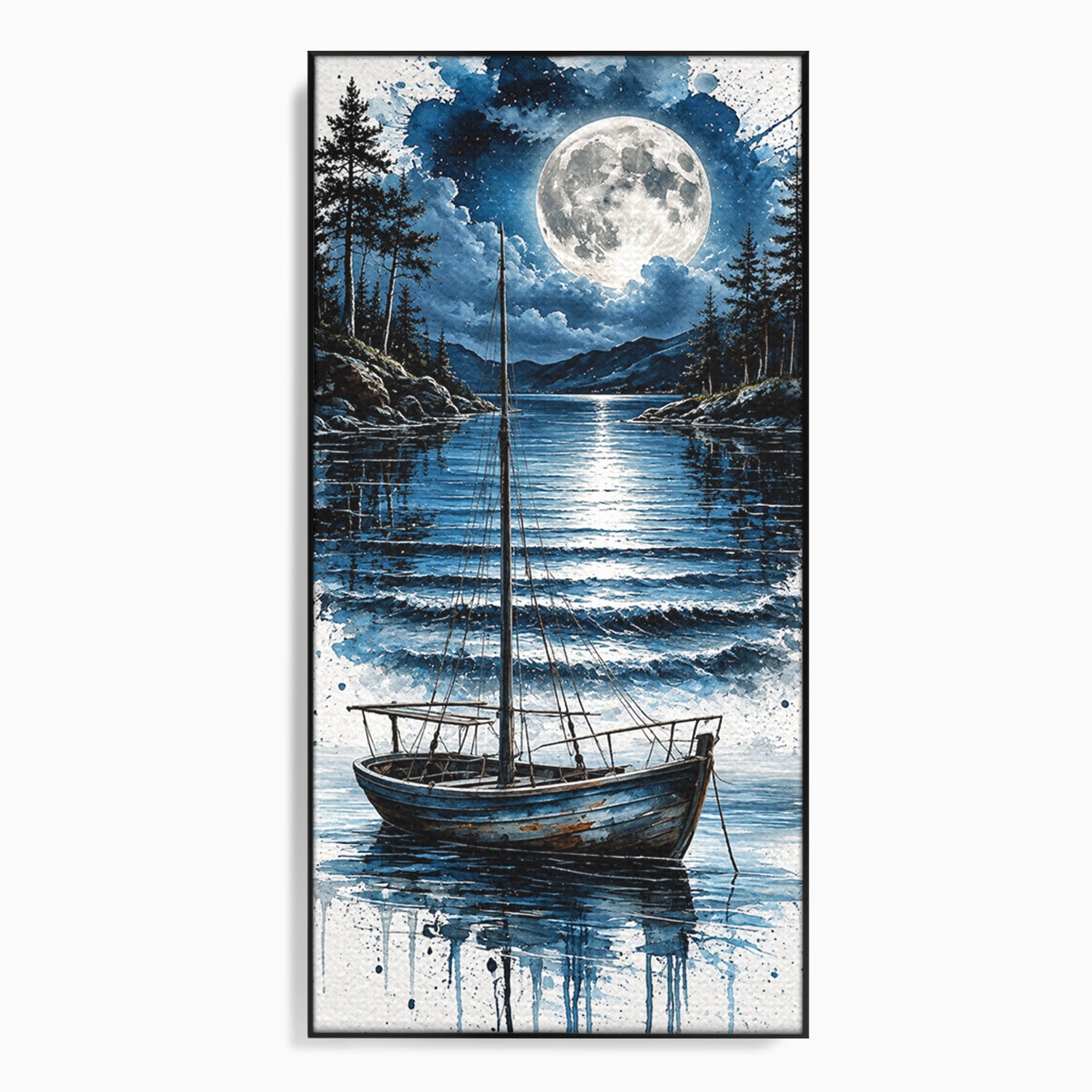 Tablou Canvas Premium LuxCanva® U1117, Luna Reflectata Pe Lac, Peisaj, Luna, Barca, Noapte, Lac, Living, Dormitor, Culori Vibrante