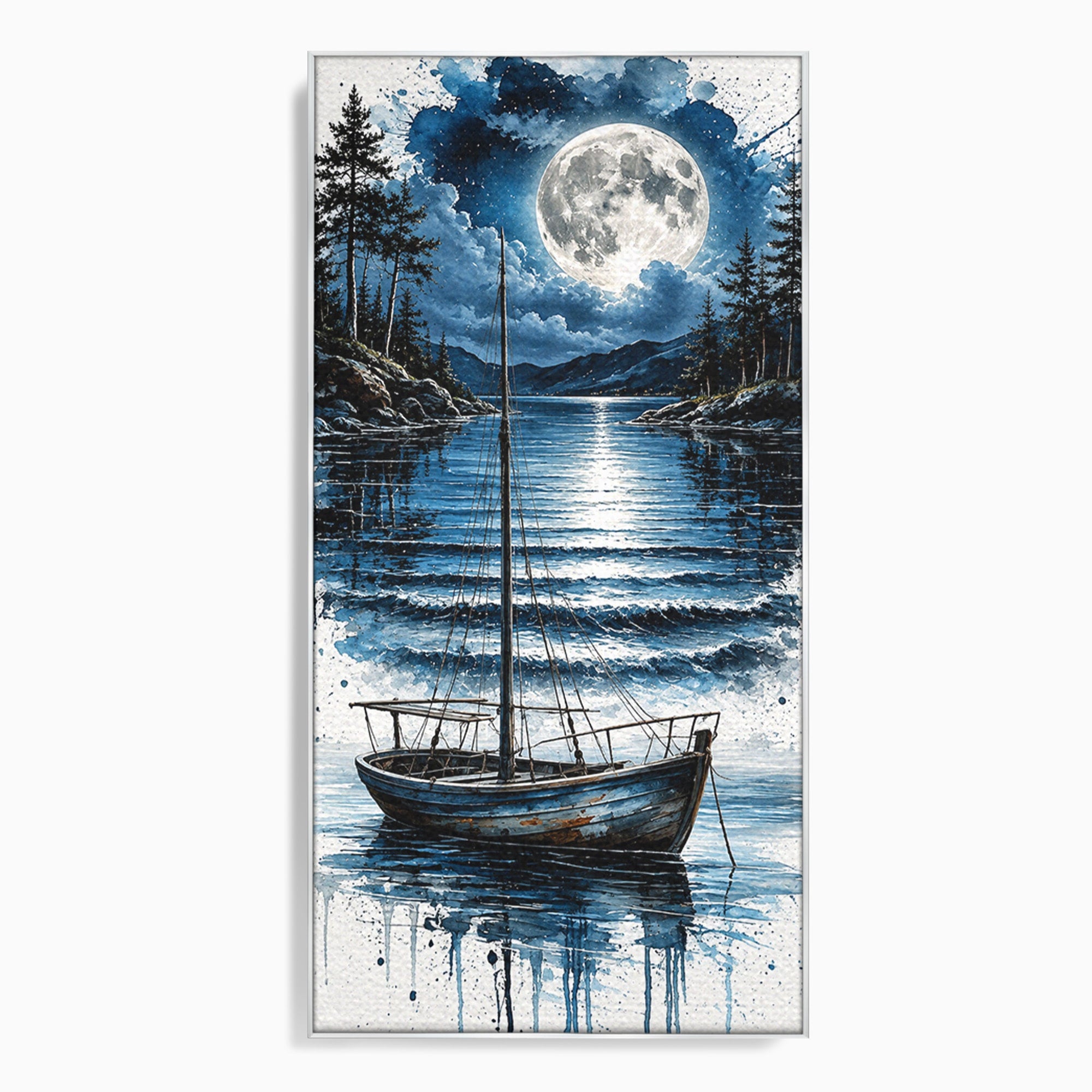 Tablou Canvas Premium LuxCanva® U1117, Luna Reflectata Pe Lac, Peisaj, Luna, Barca, Noapte, Lac, Living, Dormitor, Culori Vibrante