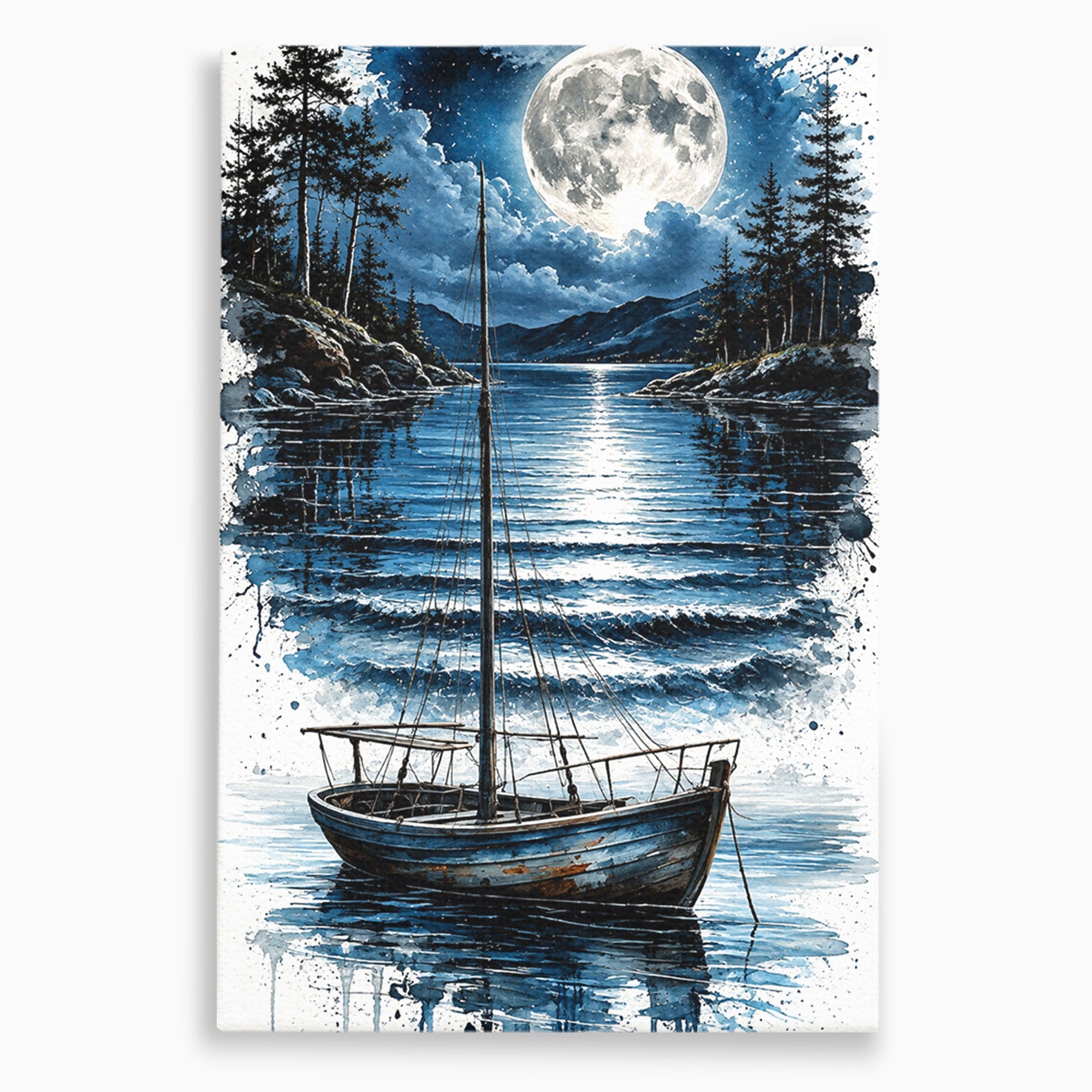 Tablou Canvas Premium LuxCanva® U1117, Luna Reflectata Pe Lac, Peisaj, Luna, Barca, Noapte, Lac, Living, Dormitor, Culori Vibrante