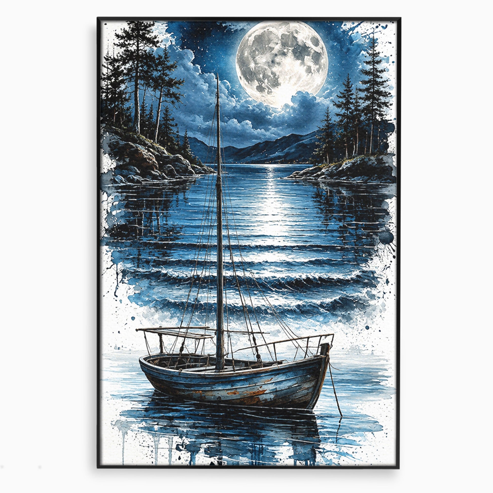 Tablou Canvas Premium LuxCanva® U1117, Luna Reflectata Pe Lac, Peisaj, Luna, Barca, Noapte, Lac, Living, Dormitor, Culori Vibrante