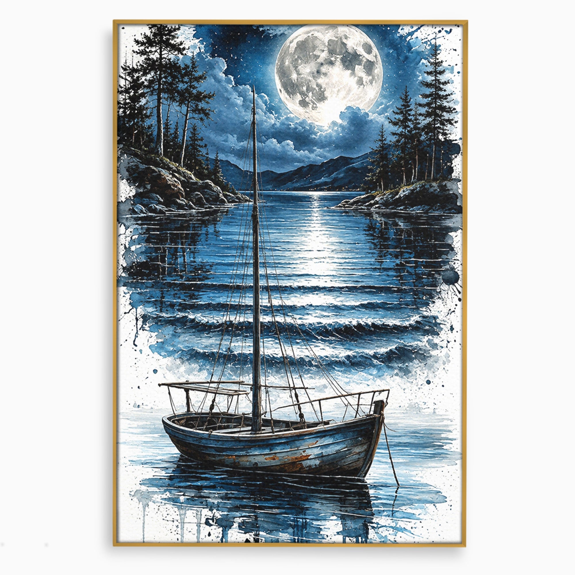 Tablou Canvas Premium LuxCanva® U1117, Luna Reflectata Pe Lac, Peisaj, Luna, Barca, Noapte, Lac, Living, Dormitor, Culori Vibrante