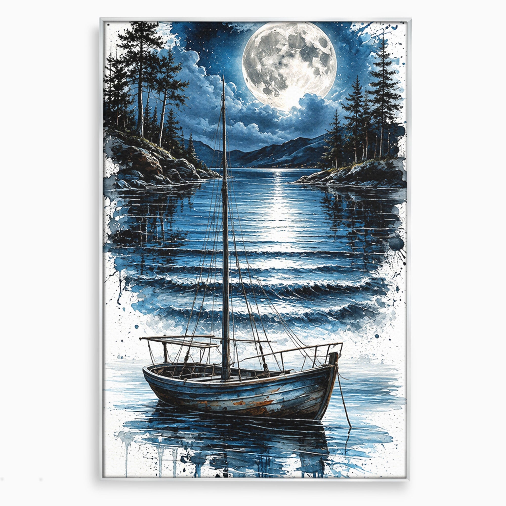Tablou Canvas Premium LuxCanva® U1117, Luna Reflectata Pe Lac, Peisaj, Luna, Barca, Noapte, Lac, Living, Dormitor, Culori Vibrante