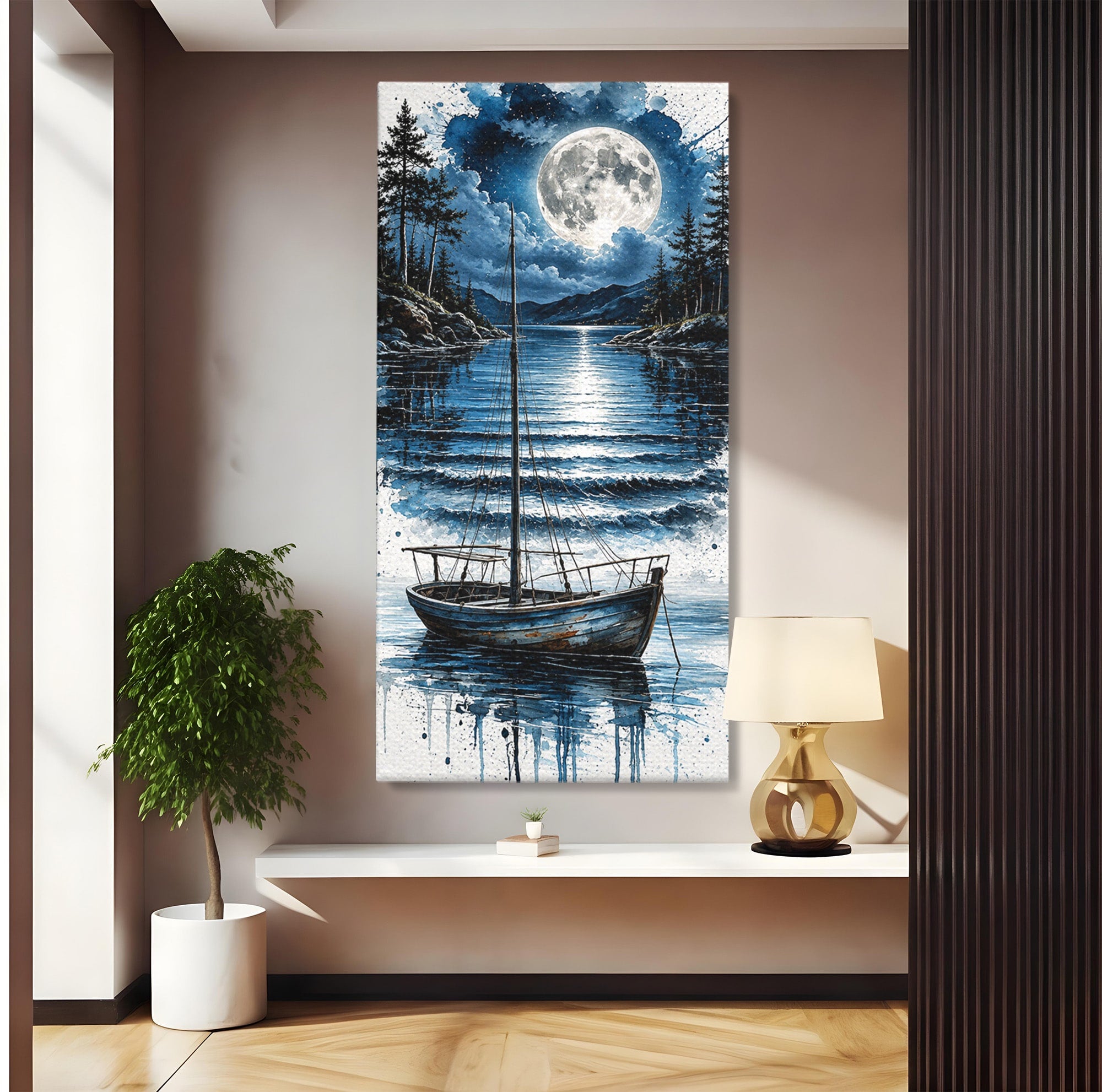 Tablou Canvas Premium LuxCanva® U1117, Luna Reflectata Pe Lac, Peisaj, Luna, Barca, Noapte, Lac, Living, Dormitor, Culori Vibrante