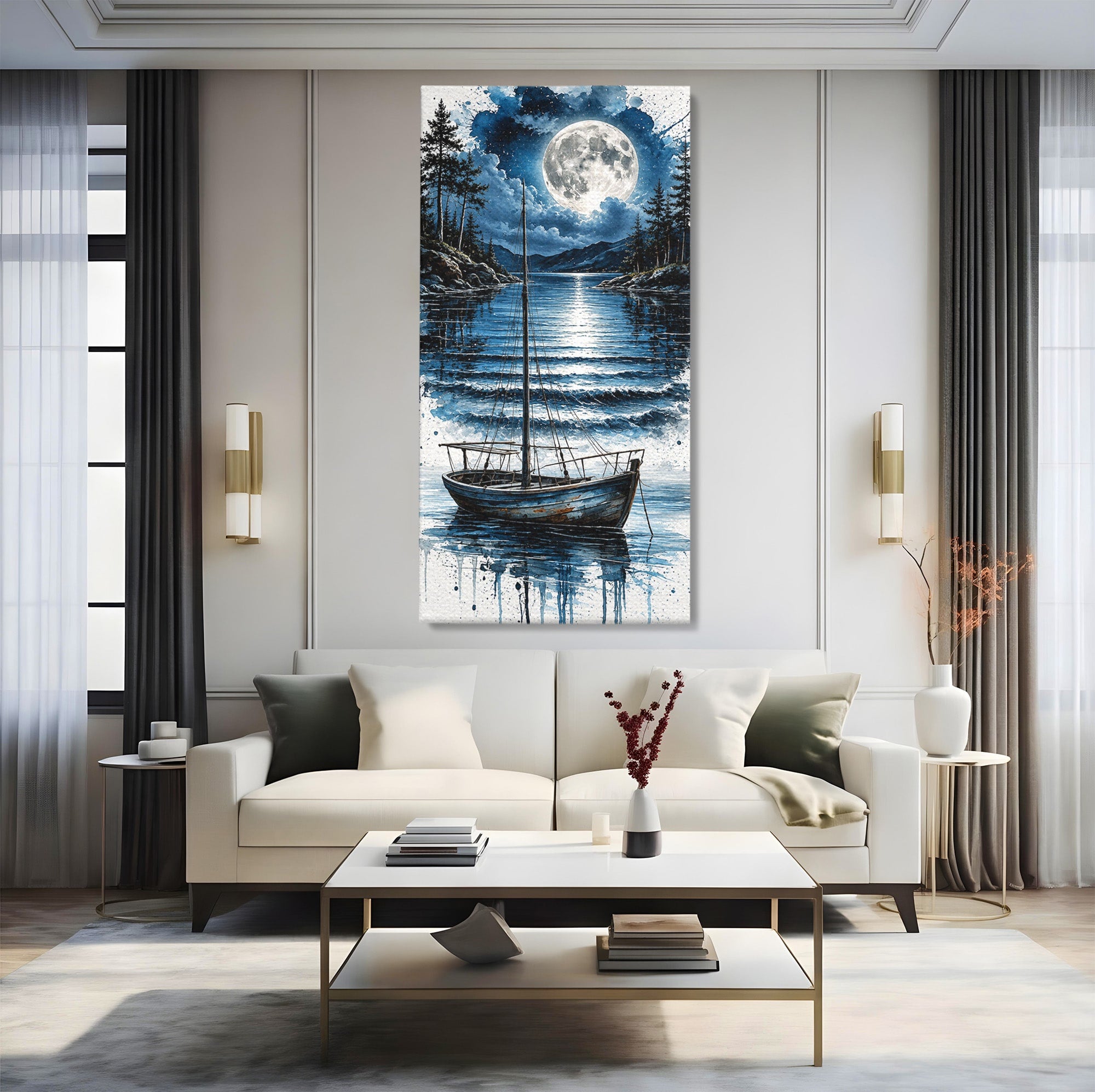 Tablou Canvas Premium LuxCanva® U1117, Luna Reflectata Pe Lac, Peisaj, Luna, Barca, Noapte, Lac, Living, Dormitor, Culori Vibrante