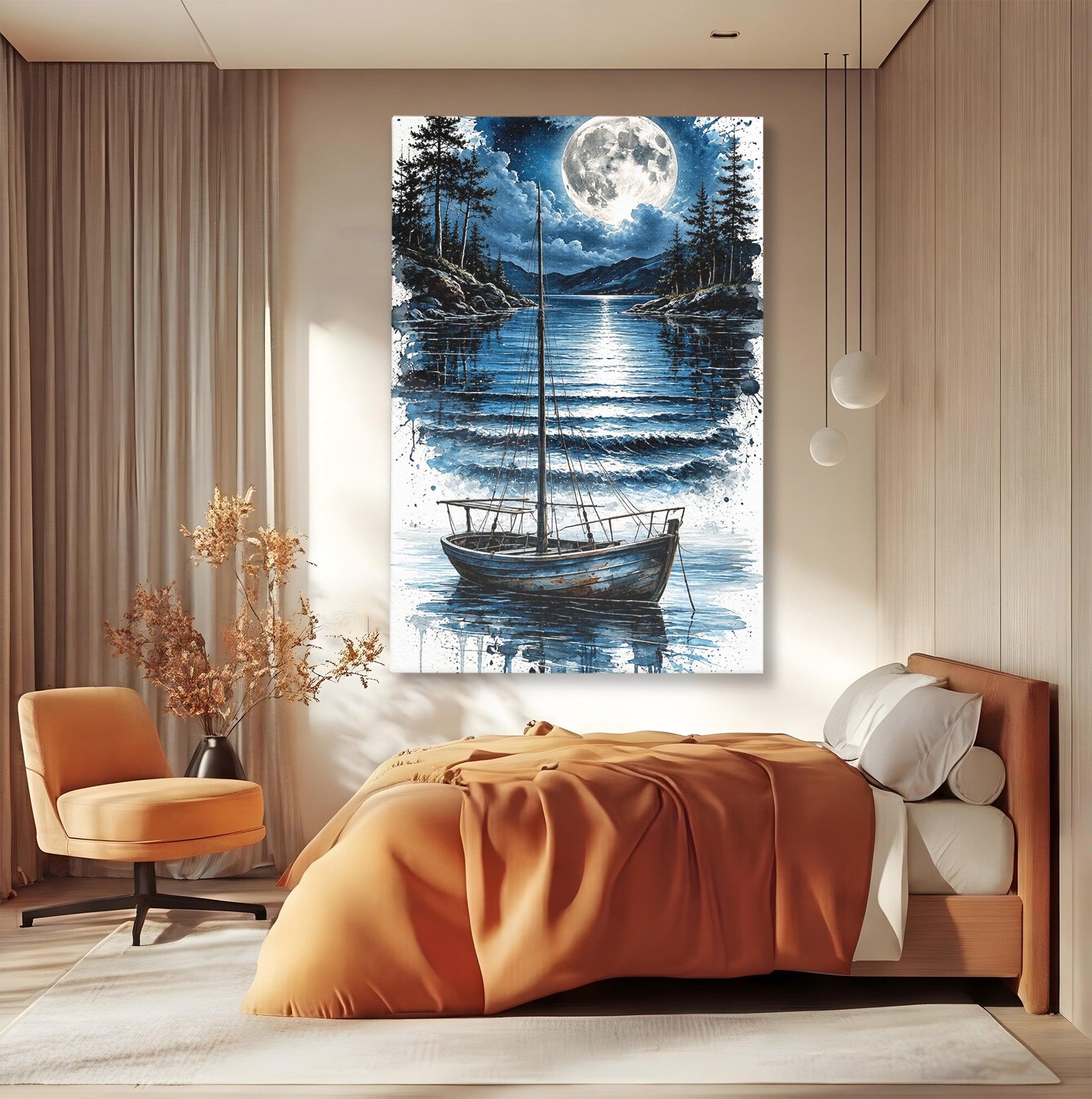 Tablou Canvas Premium LuxCanva® U1117, Luna Reflectata Pe Lac, Peisaj, Luna, Barca, Noapte, Lac, Living, Dormitor, Culori Vibrante