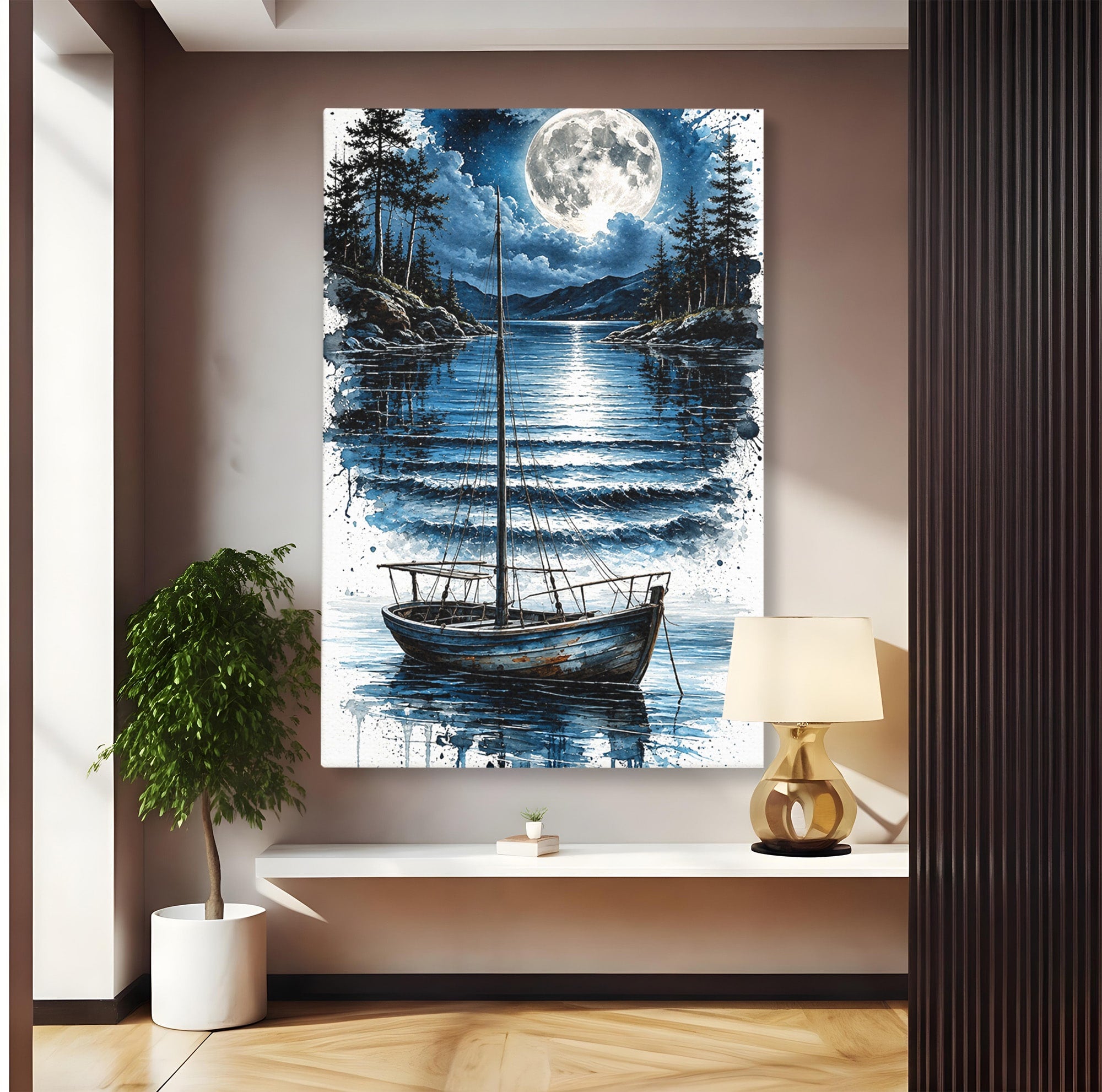 Tablou Canvas Premium LuxCanva® U1117, Luna Reflectata Pe Lac, Peisaj, Luna, Barca, Noapte, Lac, Living, Dormitor, Culori Vibrante