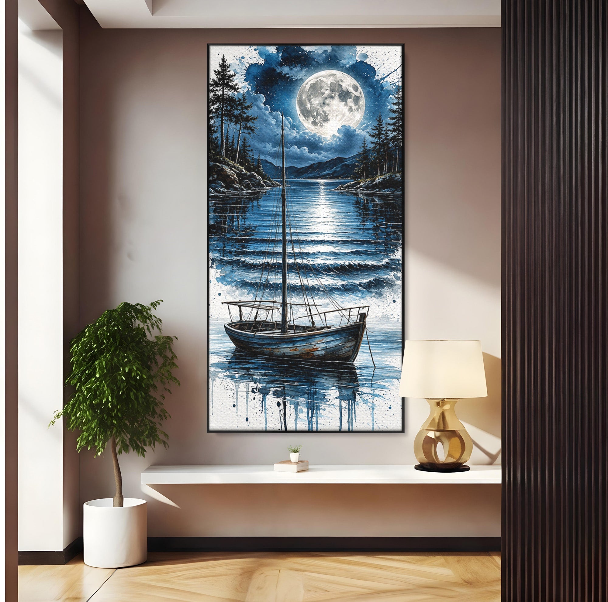 Tablou Canvas Premium LuxCanva® U1117, Luna Reflectata Pe Lac, Peisaj, Luna, Barca, Noapte, Lac, Living, Dormitor, Culori Vibrante