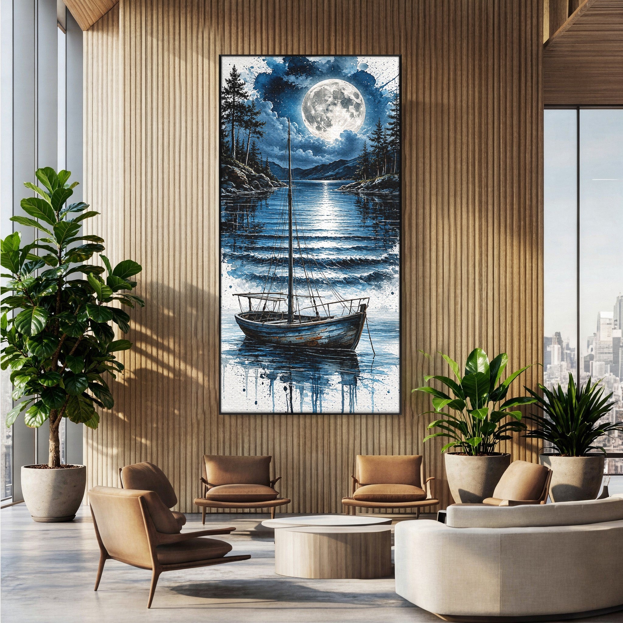 Tablou Canvas Premium LuxCanva® U1117, Luna Reflectata Pe Lac, Peisaj, Luna, Barca, Noapte, Lac, Living, Dormitor, Culori Vibrante