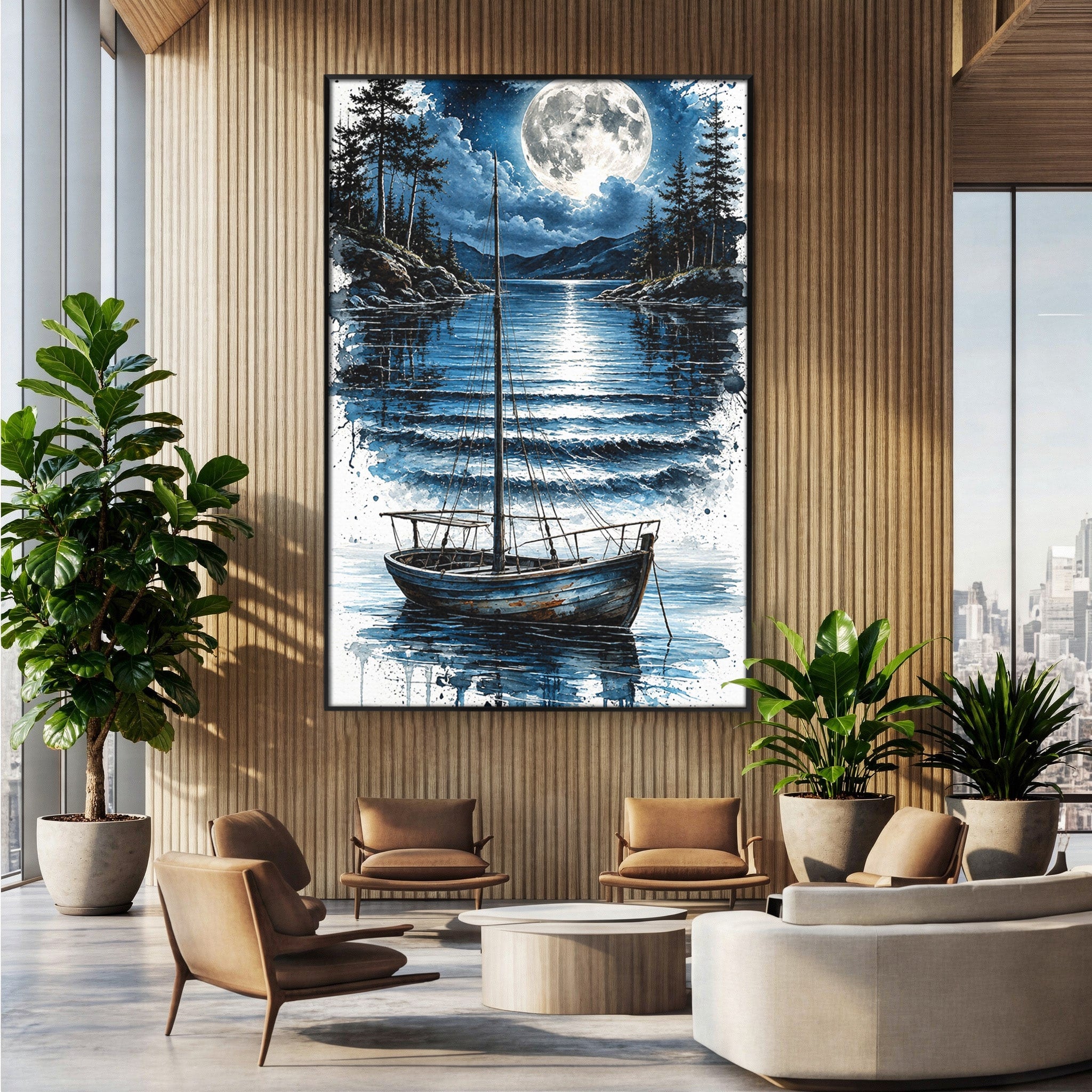 Tablou Canvas Premium LuxCanva® U1117, Luna Reflectata Pe Lac, Peisaj, Luna, Barca, Noapte, Lac, Living, Dormitor, Culori Vibrante