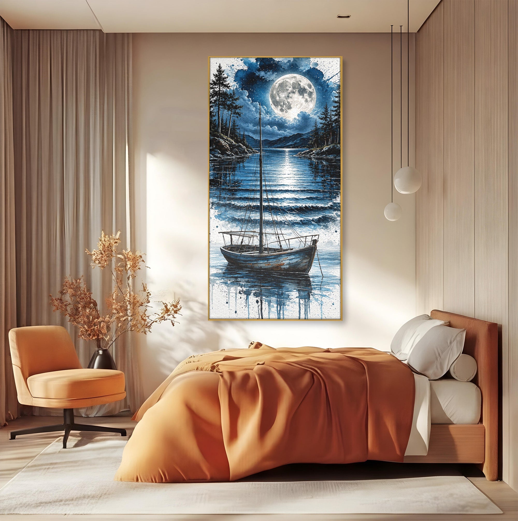Tablou Canvas Premium LuxCanva® U1117, Luna Reflectata Pe Lac, Peisaj, Luna, Barca, Noapte, Lac, Living, Dormitor, Culori Vibrante