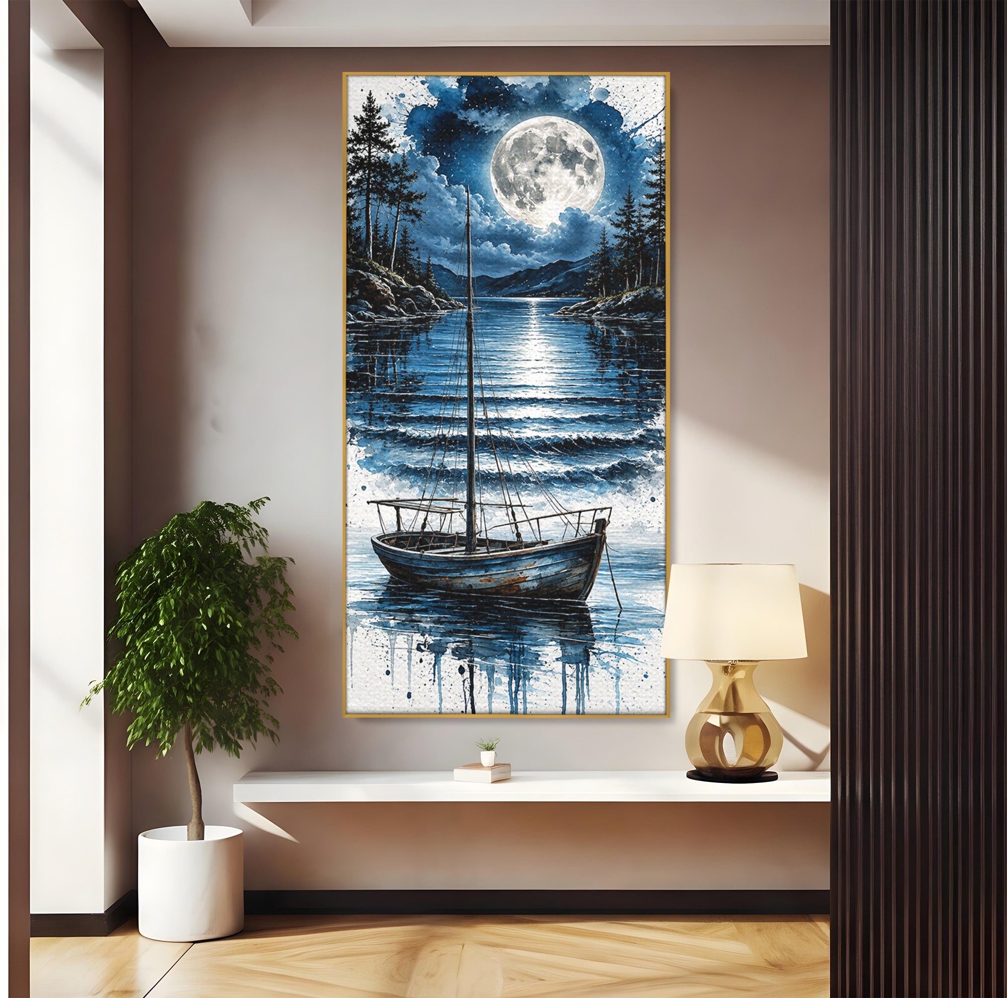 Tablou Canvas Premium LuxCanva® U1117, Luna Reflectata Pe Lac, Peisaj, Luna, Barca, Noapte, Lac, Living, Dormitor, Culori Vibrante
