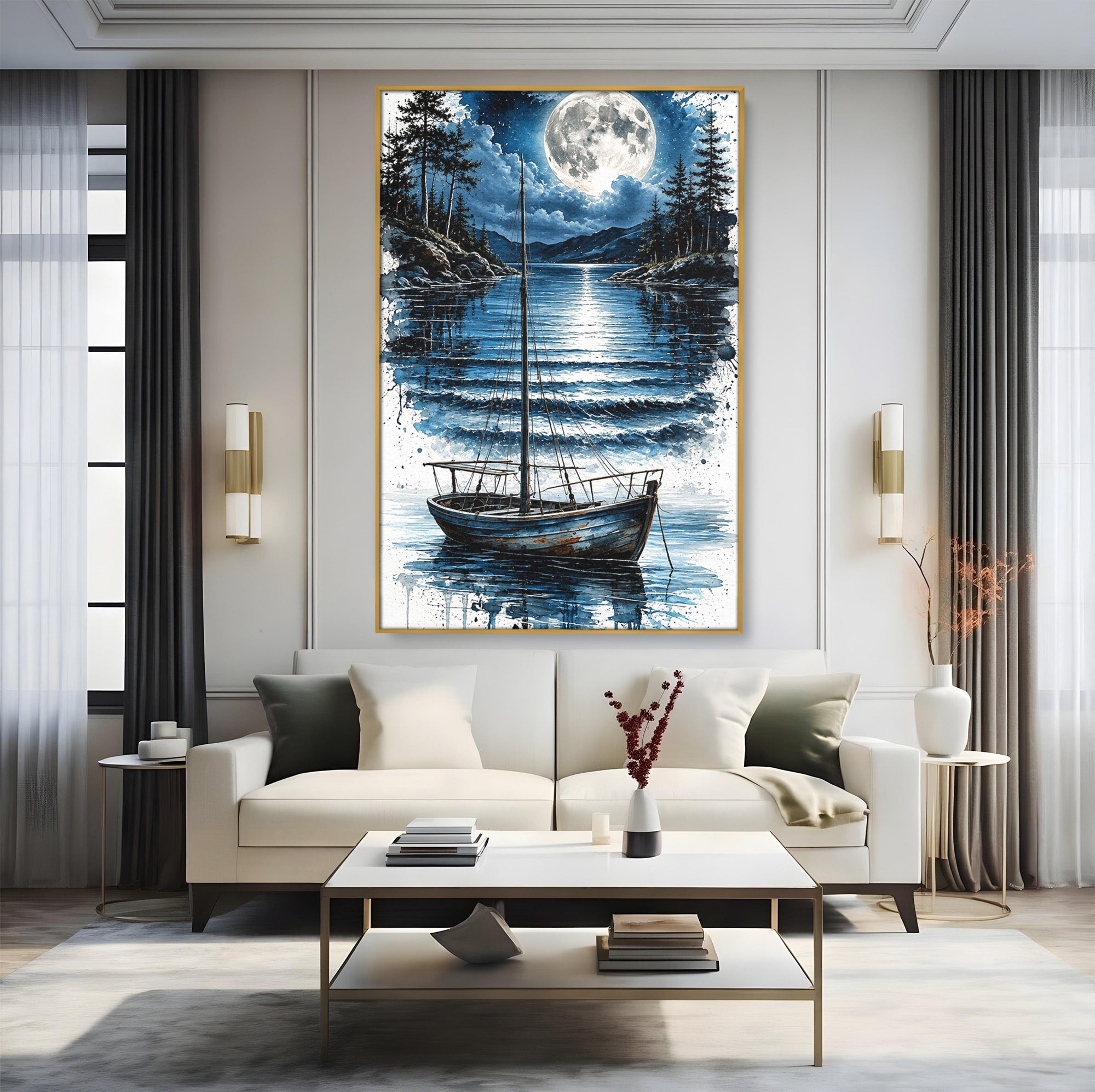 Tablou Canvas Premium LuxCanva® U1117, Luna Reflectata Pe Lac, Peisaj, Luna, Barca, Noapte, Lac, Living, Dormitor, Culori Vibrante