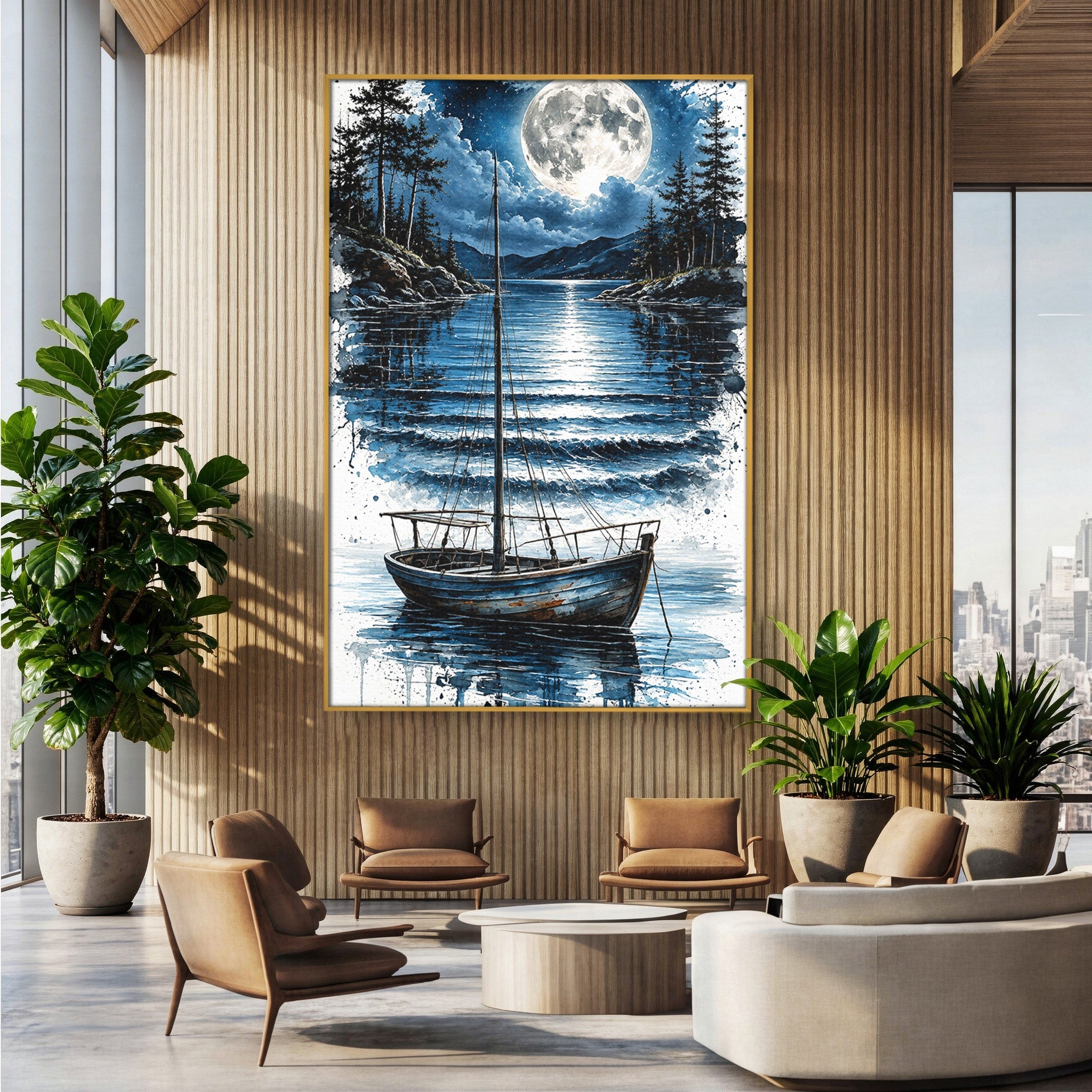 Tablou Canvas Premium LuxCanva® U1117, Luna Reflectata Pe Lac, Peisaj, Luna, Barca, Noapte, Lac, Living, Dormitor, Culori Vibrante