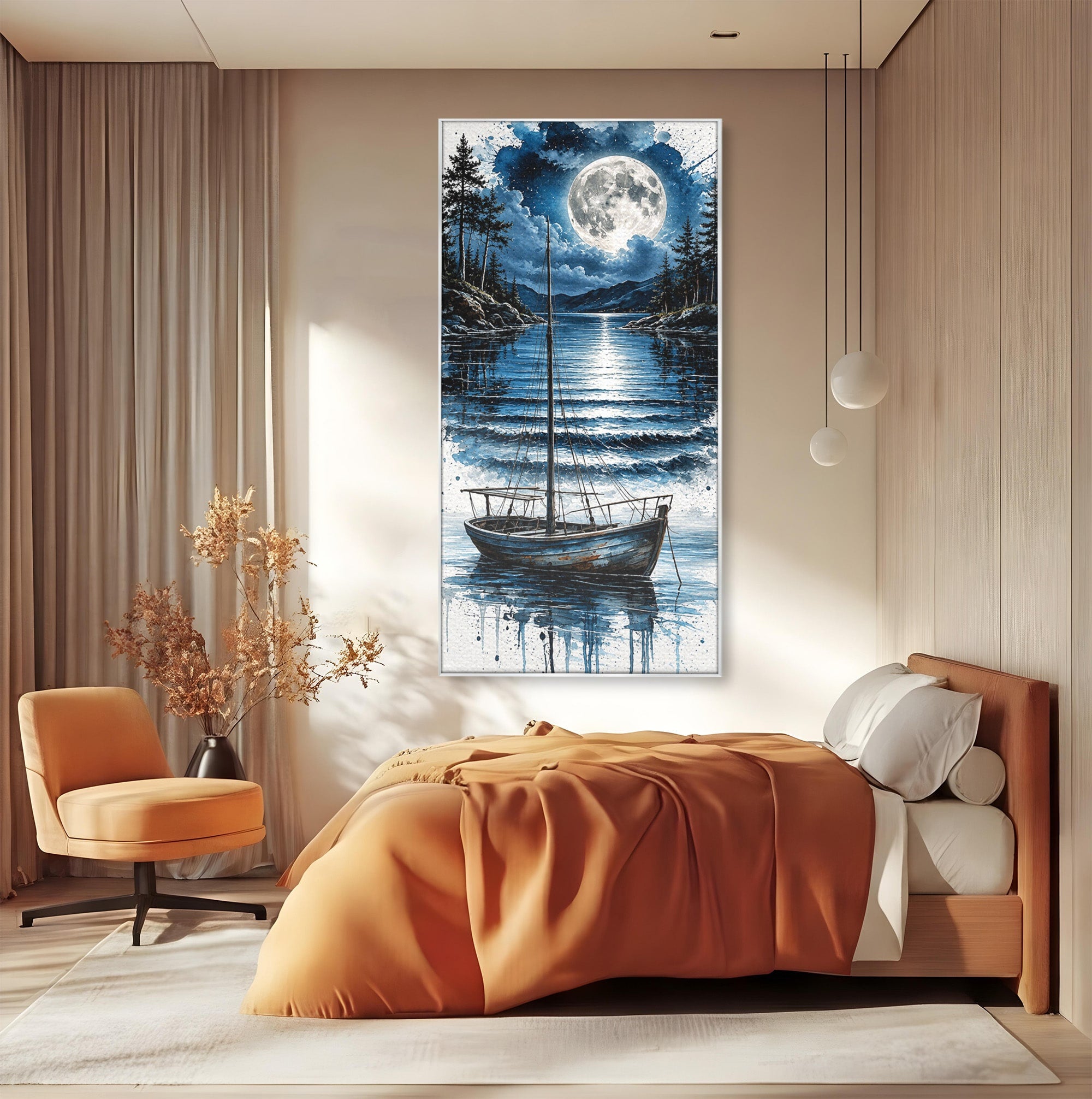 Tablou Canvas Premium LuxCanva® U1117, Luna Reflectata Pe Lac, Peisaj, Luna, Barca, Noapte, Lac, Living, Dormitor, Culori Vibrante