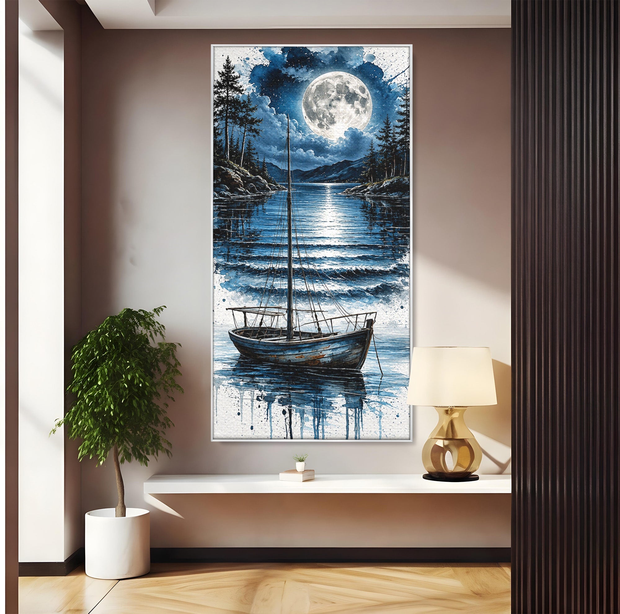 Tablou Canvas Premium LuxCanva® U1117, Luna Reflectata Pe Lac, Peisaj, Luna, Barca, Noapte, Lac, Living, Dormitor, Culori Vibrante
