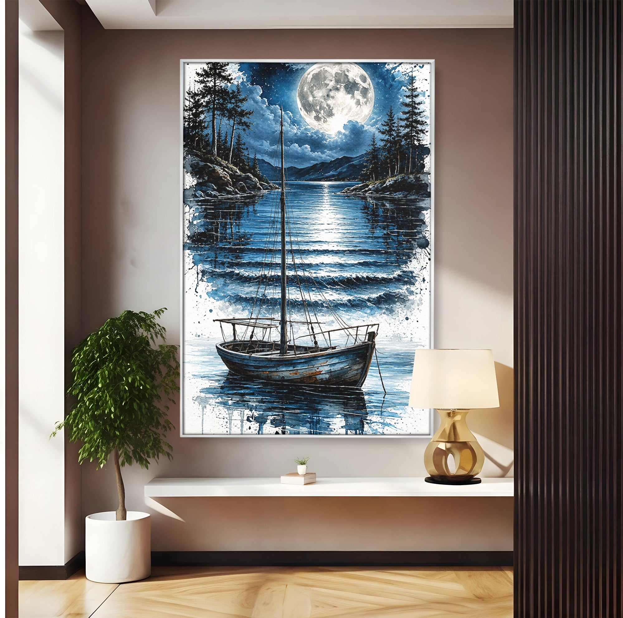 Tablou Canvas Premium LuxCanva® U1117, Luna Reflectata Pe Lac, Peisaj, Luna, Barca, Noapte, Lac, Living, Dormitor, Culori Vibrante