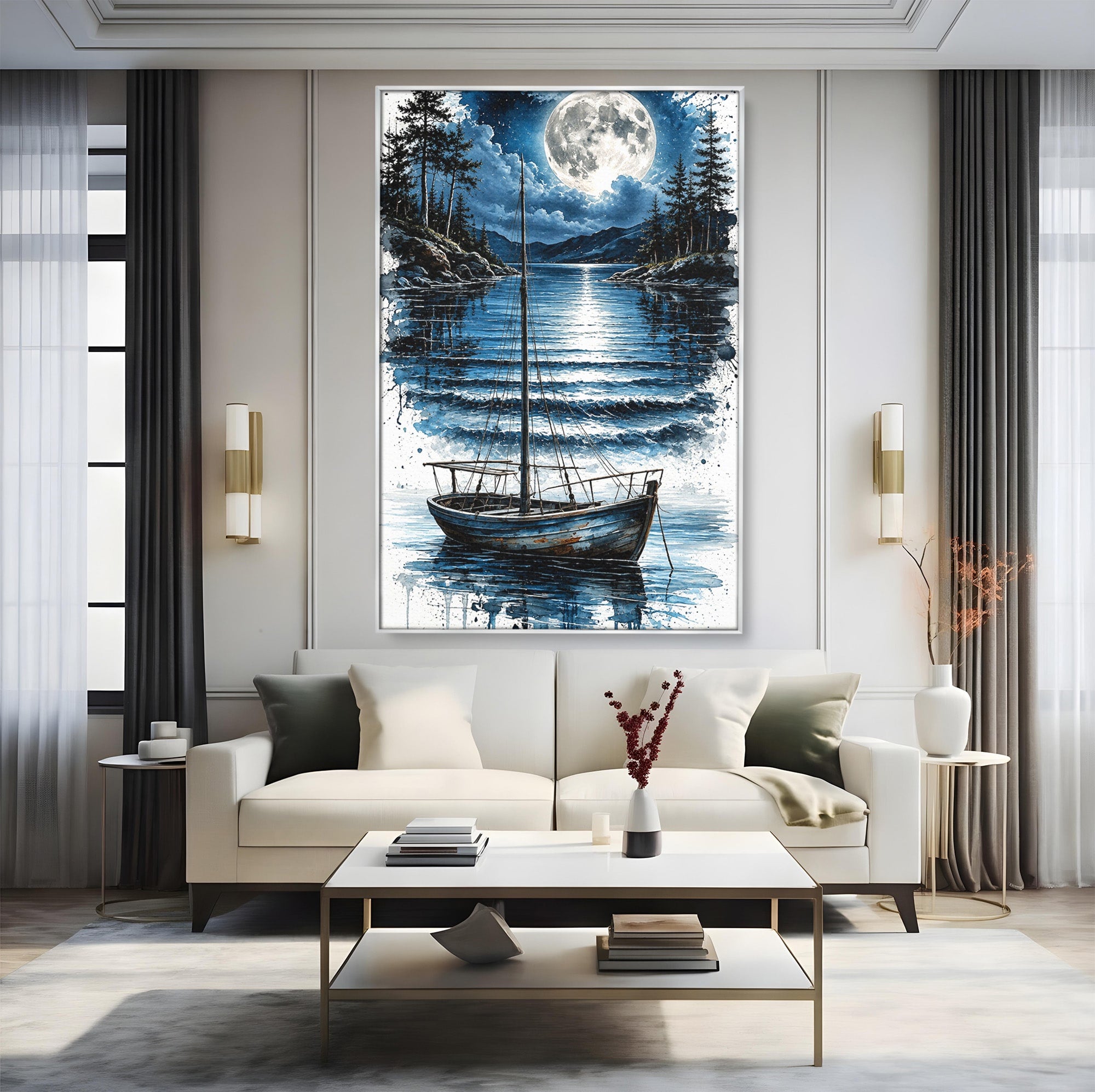 Tablou Canvas Premium LuxCanva® U1117, Luna Reflectata Pe Lac, Peisaj, Luna, Barca, Noapte, Lac, Living, Dormitor, Culori Vibrante