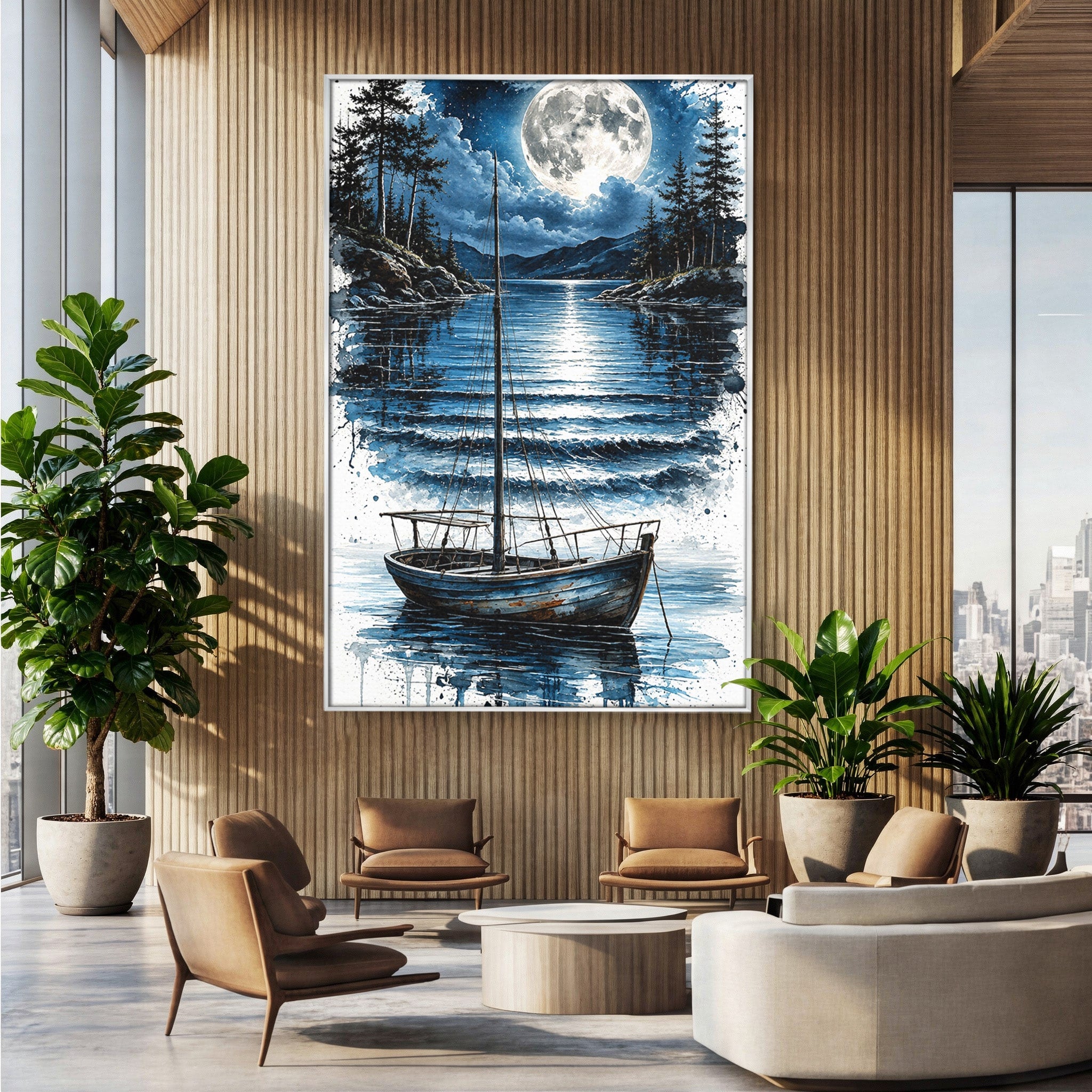 Tablou Canvas Premium LuxCanva® U1117, Luna Reflectata Pe Lac, Peisaj, Luna, Barca, Noapte, Lac, Living, Dormitor, Culori Vibrante