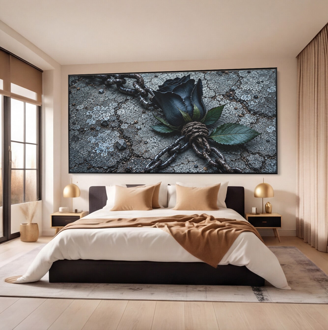 Tablou Canvas Premium LuxCanva® U1118, Trandafir Intunecat, Lanturi, Textura, Contrast, Trandafir, Dormitor, Culori Vibrante