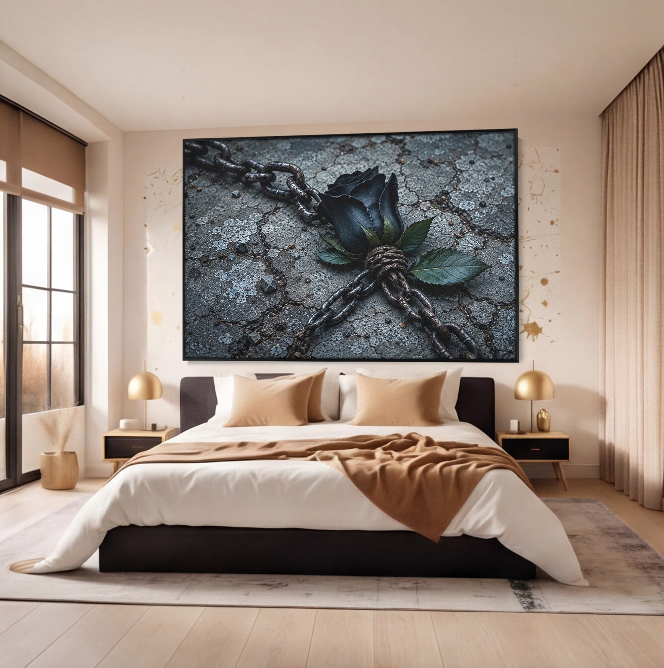 Tablou Canvas Premium LuxCanva® U1118, Trandafir Intunecat, Lanturi, Textura, Contrast, Trandafir, Dormitor, Culori Vibrante