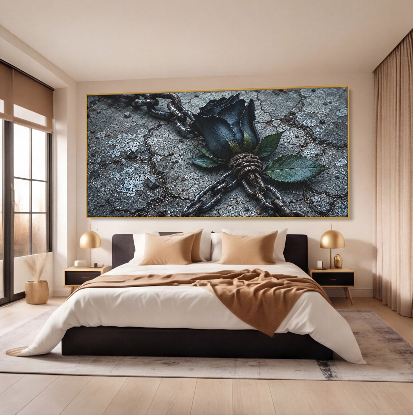 Tablou Canvas Premium LuxCanva® U1118, Trandafir Intunecat, Lanturi, Textura, Contrast, Trandafir, Dormitor, Culori Vibrante