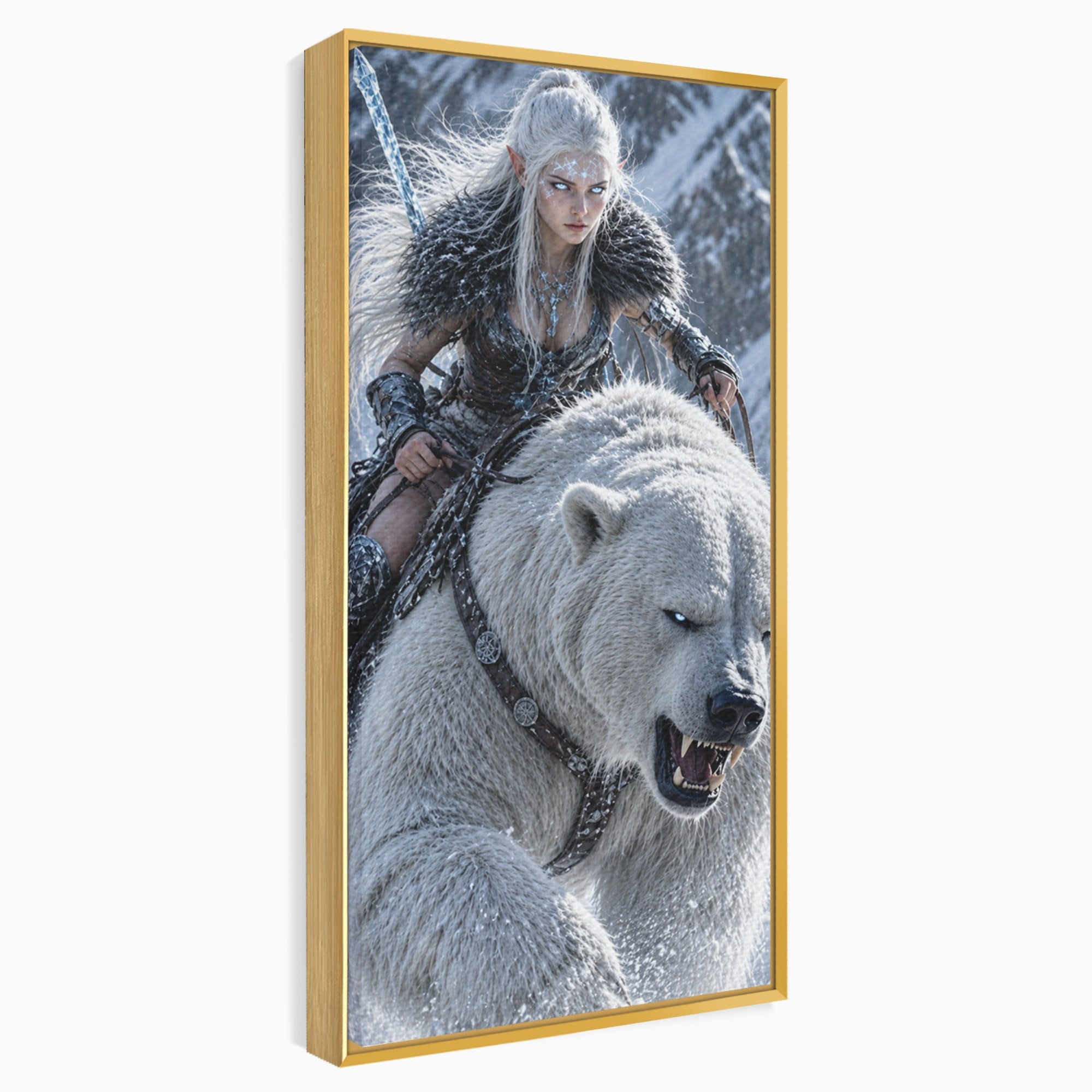 Tablou Canvas Premium LuxCanva® U1121, Razboinica Nordica Pe Urs Polar,  Fantezie, Aventura, Razboinica, Urs,Dormitor, Living, Culori Vibrante