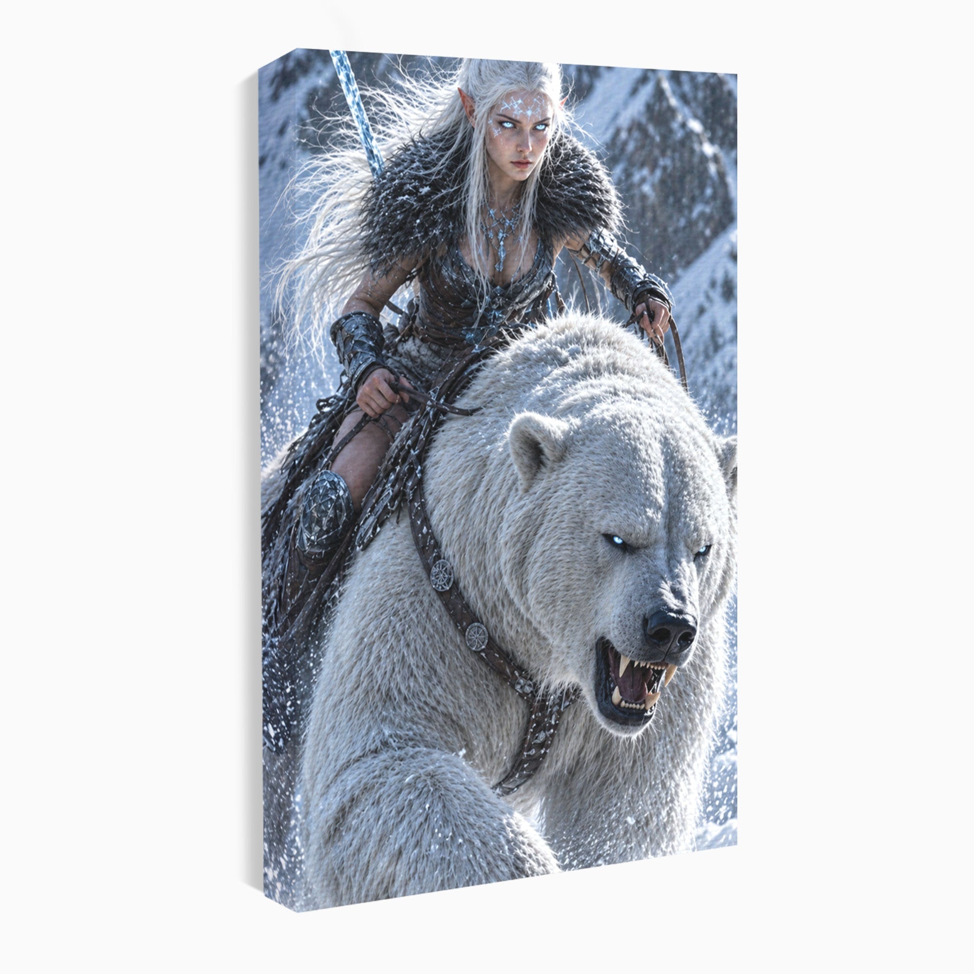 Tablou Canvas Premium LuxCanva® U1121, Razboinica Nordica Pe Urs Polar,  Fantezie, Aventura, Razboinica, Urs,Dormitor, Living, Culori Vibrante
