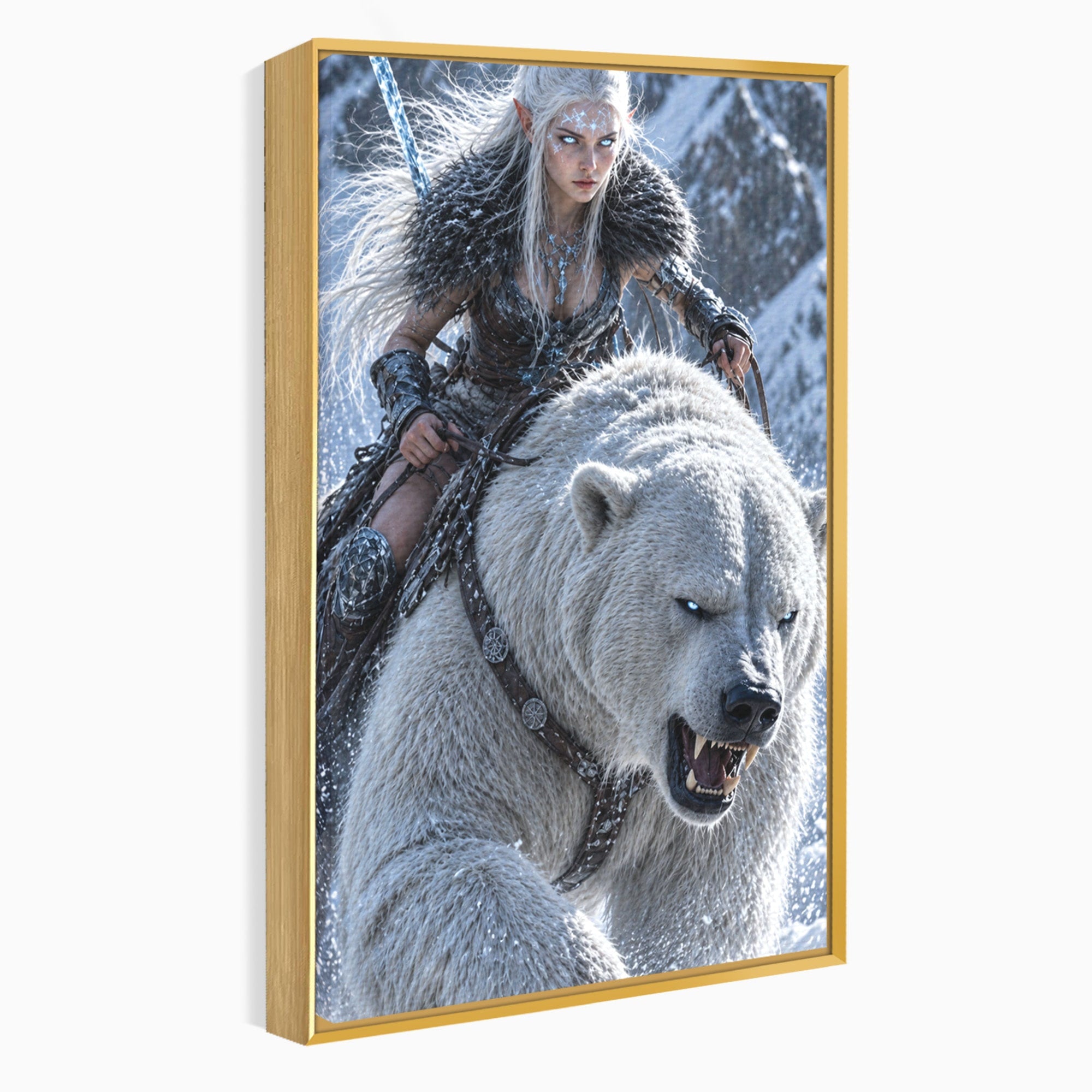 Tablou Canvas Premium LuxCanva® U1121, Razboinica Nordica Pe Urs Polar,  Fantezie, Aventura, Razboinica, Urs,Dormitor, Living, Culori Vibrante